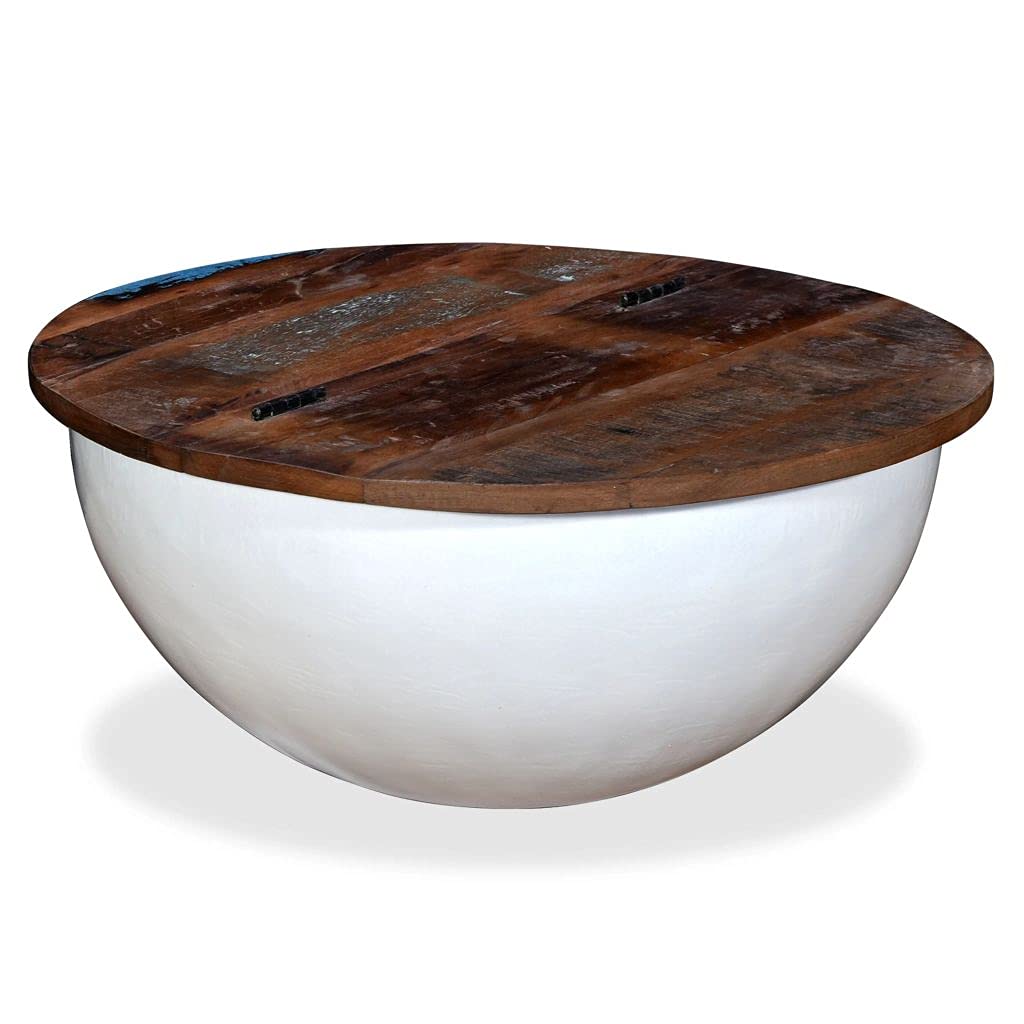 Industrial Style Coffee Table - Solid Reclaimed Wood Top with White Bowl Shape | Fast Shipping | Perfect for Living Room, Office & Modern Farmhouse Decor