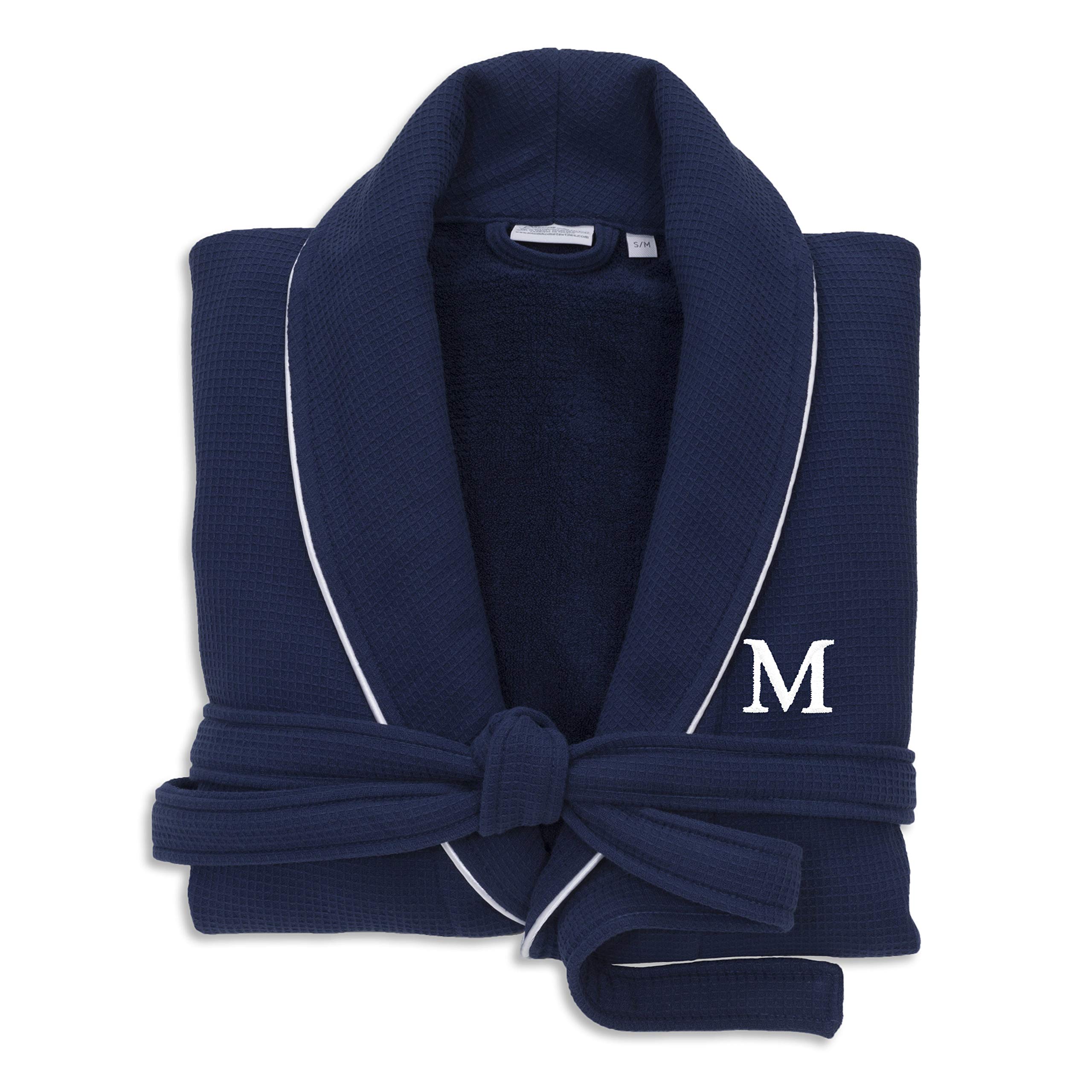 Premium Navy Blue Unisex Turkish Cotton Waffle Weave Terry Bathrobe with White Block Monogram - Size XS/S/M - Soft & Absorbent Spa Robe for Home, Hotel & Gift Giving