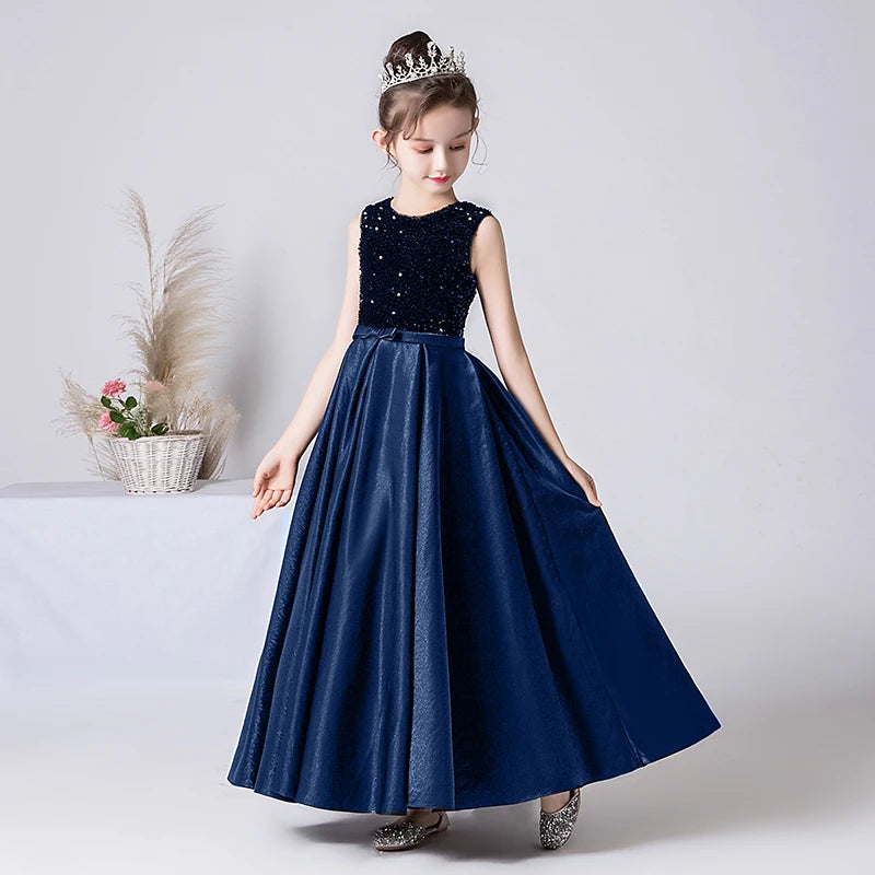Elegant Satin Long Formal Dress for Girls - Black & Navy Blue Princess Gown for Birthday Parties, Prom, Pageants & Special Occasions