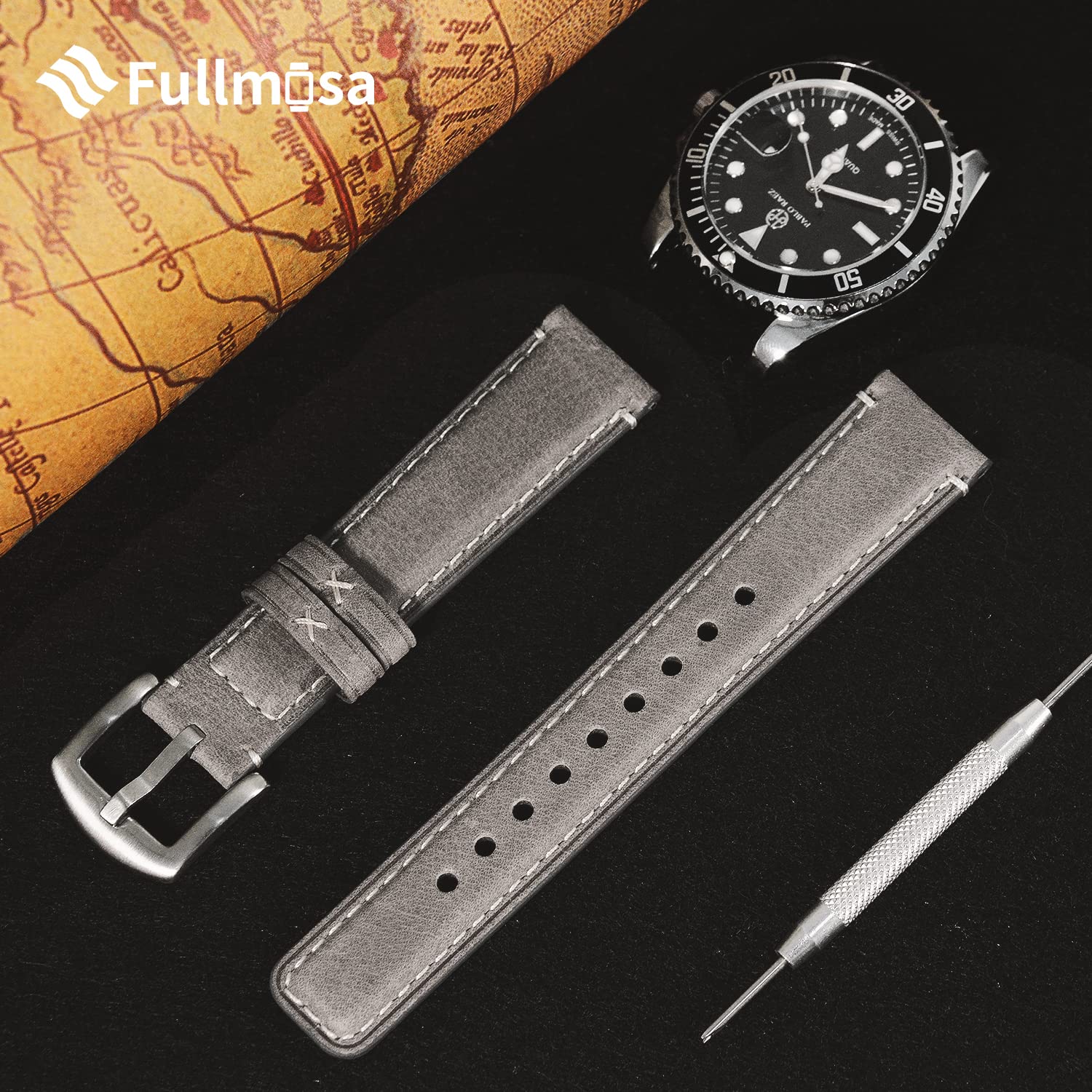 Fullmosa Quick Release Leather Watch Band 22mm 20mm 18mm - Burnished Strap Compatible with Samsung Galaxy Watch/Garmin Watch - Perfect for Business, Casual & Everyday Wear