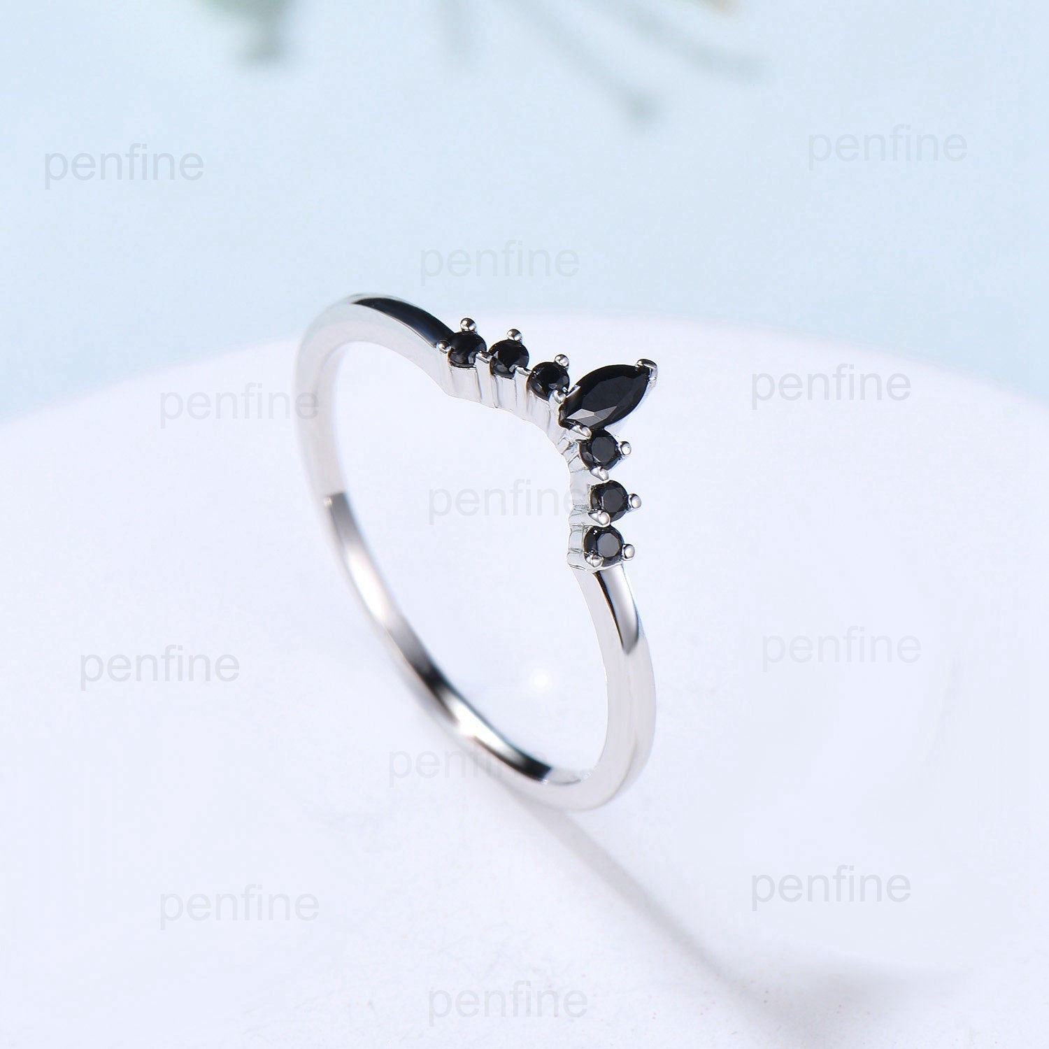 Black Diamond Wedding Ring - Silver White Gold Curved Marquise Black Spinel Matching Band, Art Deco Stackable Ring for Women, Wedding Promise Ring - Perfect for Engagement, Anniversary, and Special Occasions