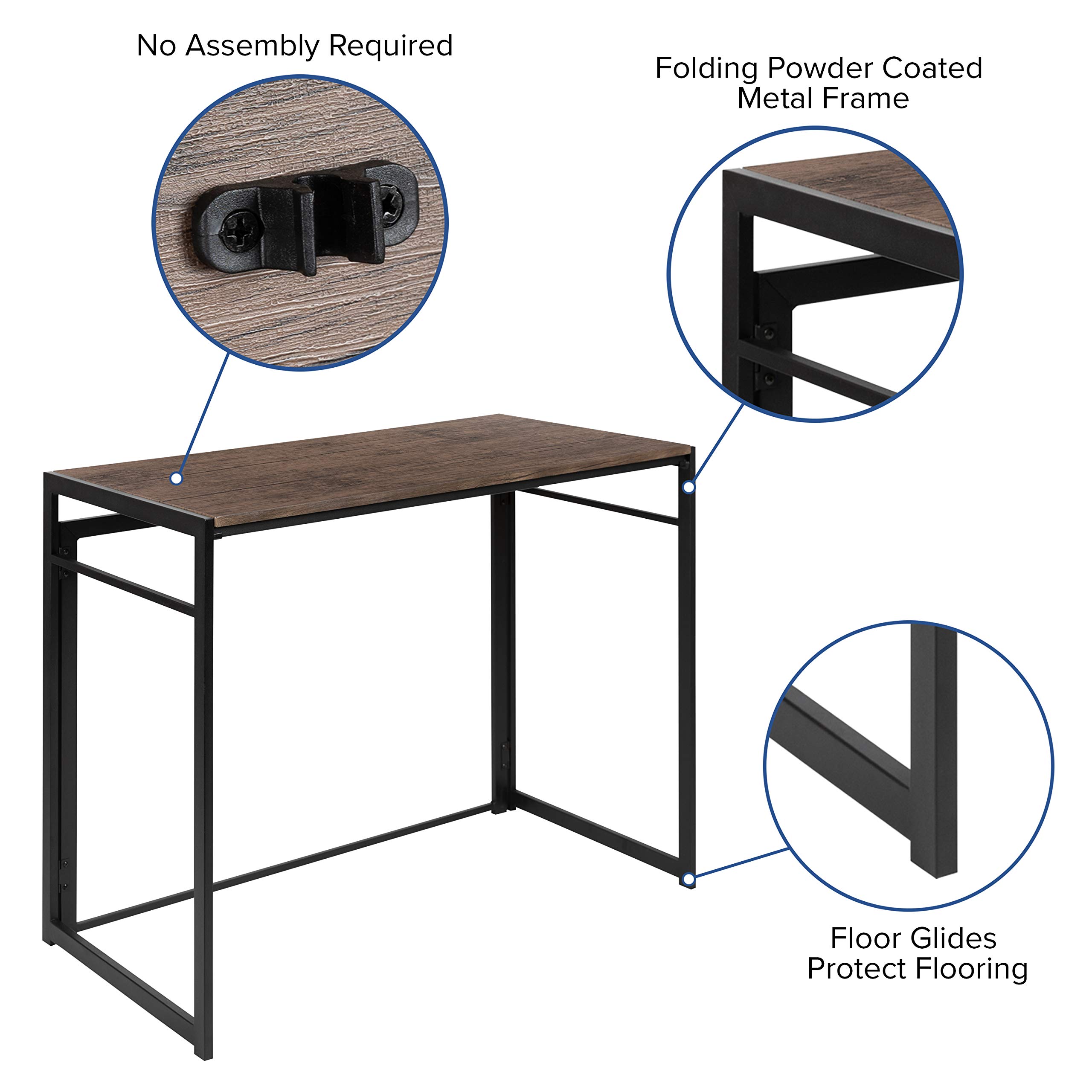 Merrick Lane Perth Computer Desk - Modern Black Frame Folding Office Desk with Rustic Wood Grain - Perfect for Home Office, Small Spaces & Remote Work