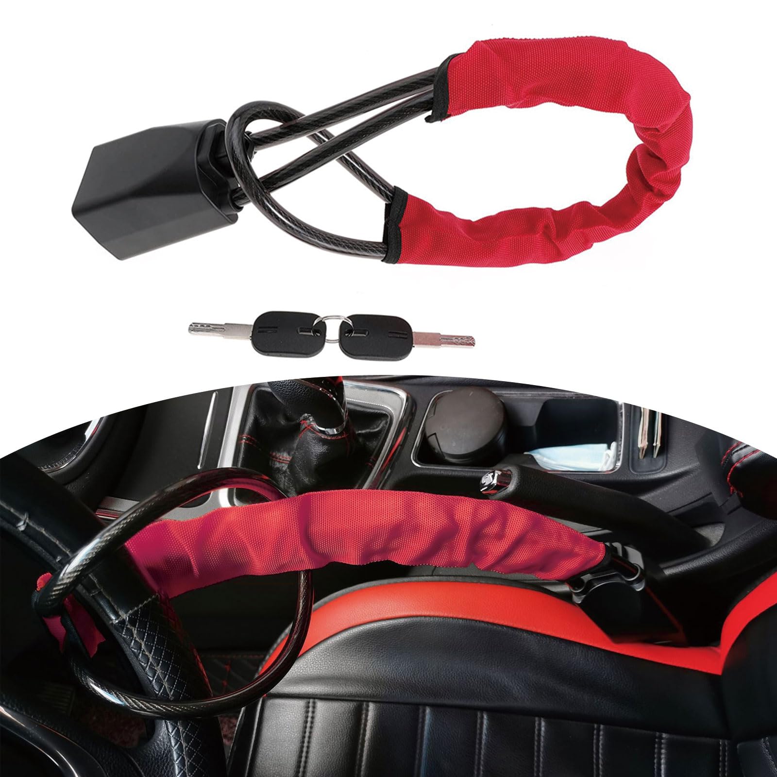 1 PC Universal Car Steering Wheel Anti-Theft Lock - Adjustable Length Seat Belt Buckle Lock with Waterproof Cover, Heavy Duty Steel Cable Security Anti-Cut Double Lock for Car, Truck, SUV (Black & Red) - Perfect for Parking Security & Vehicle Theft Prevention
