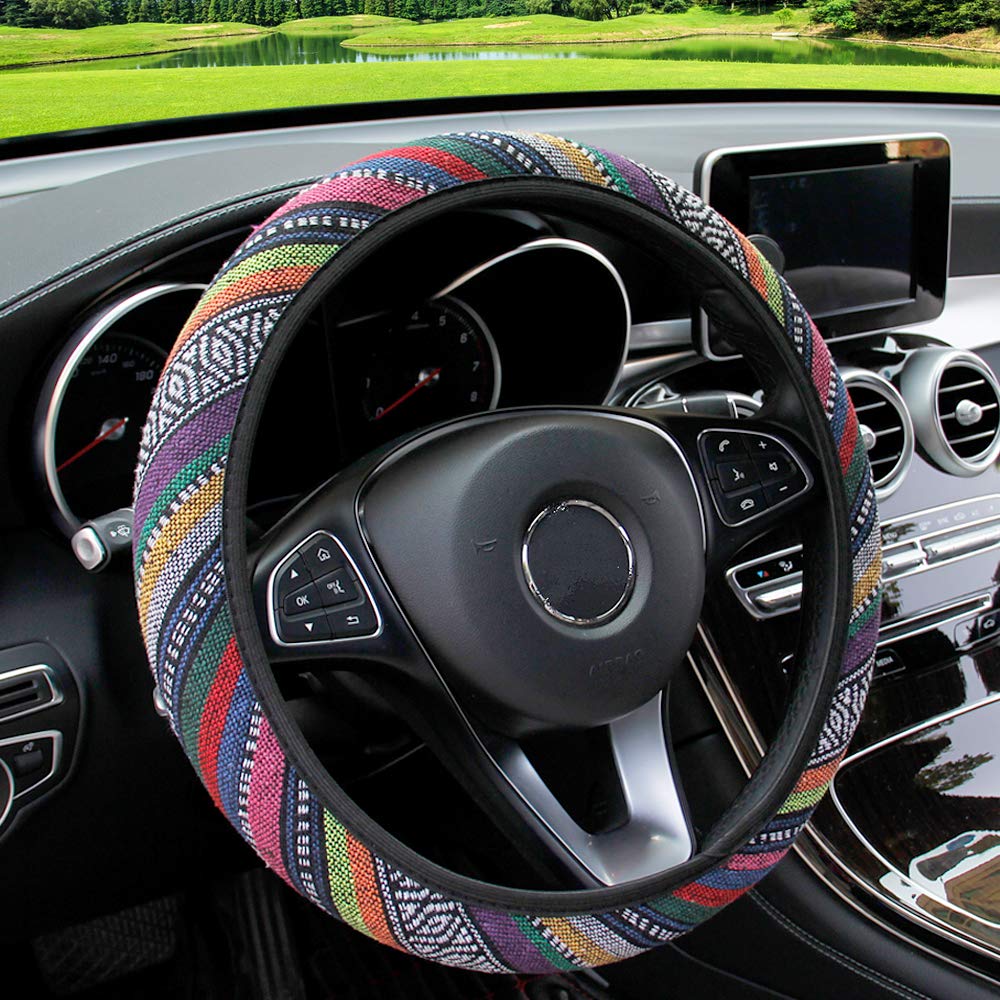 Boho Tribal Aztec Ethnic Flax Steering Wheel Cover - Universal 15 Inch for Cars, Sedans, SUVs, Vans & Trucks - Colorful Bohemian Design for Women & Girls - Perfect for Road Trips, Daily Commutes & Stylish Car Decor