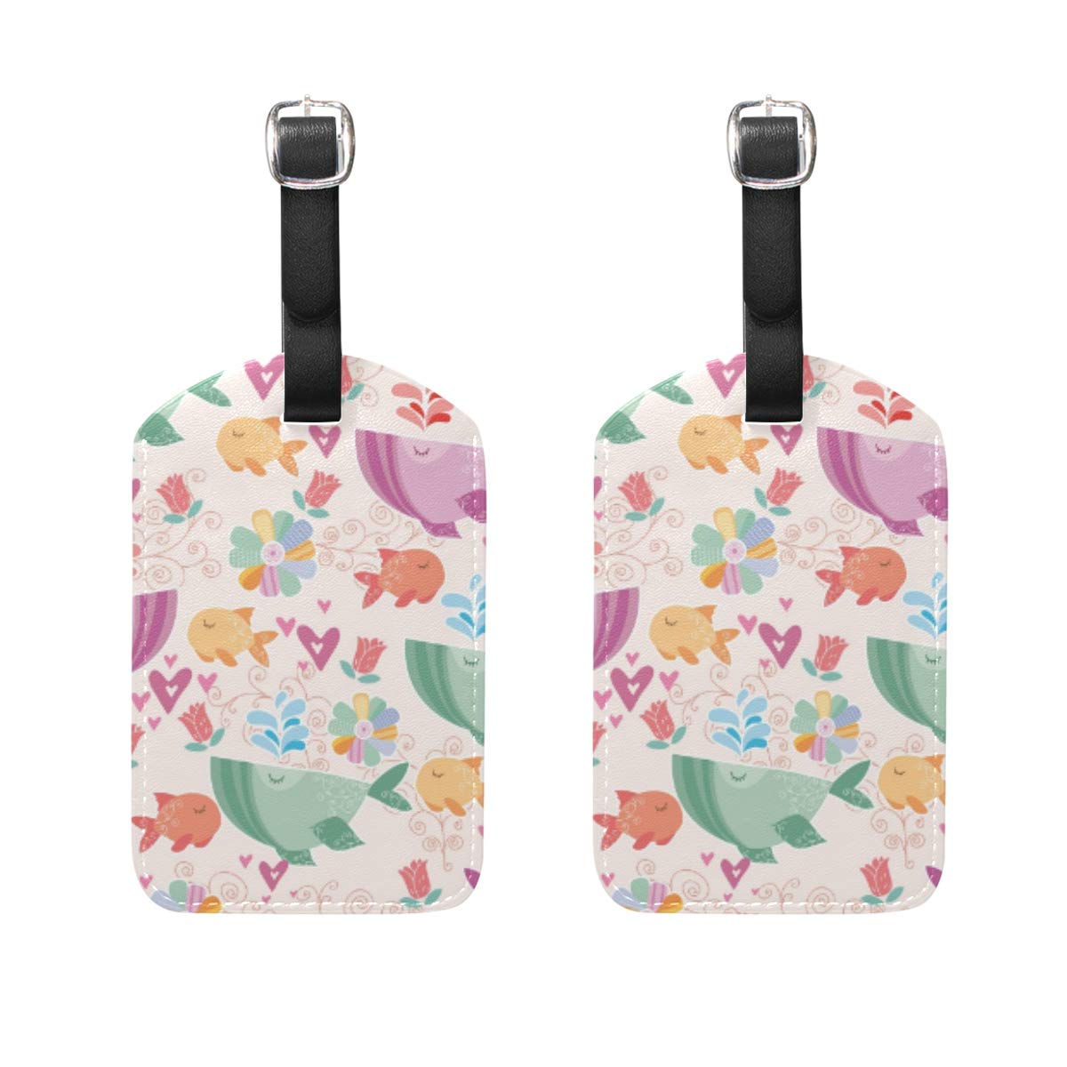 2 Pack Cute Cartoon Sea Fish Luggage Tags - PU Leather ID Labels with Privacy Cover for Suitcases & Travel Bags | Perfect for Airports, Cruises & Family Vacations