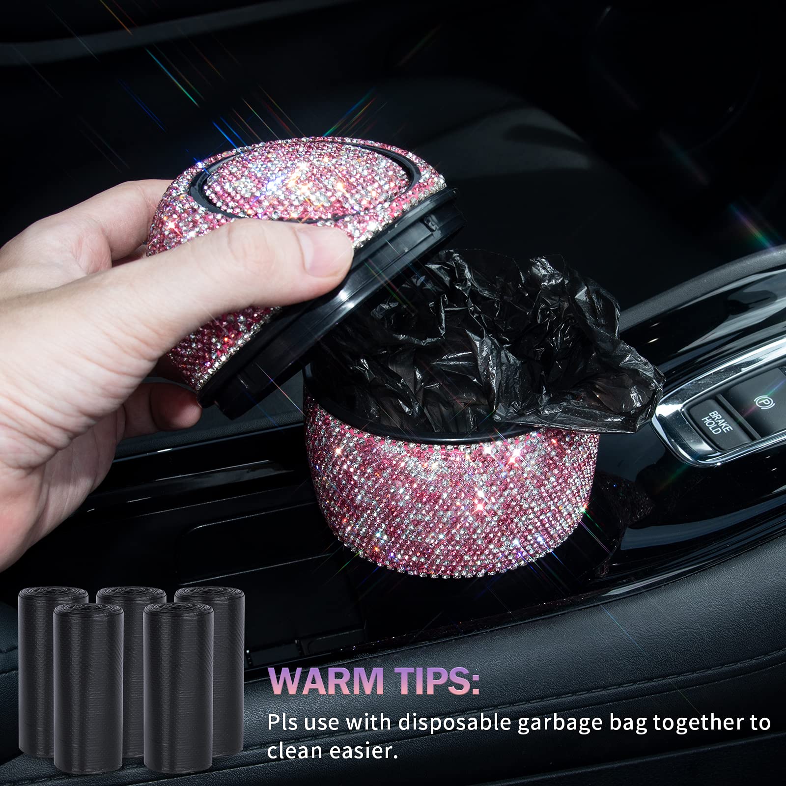 Bling Crystal Car Trash Can - Mini Auto Garbage Bin with Lid for Car, Office & Home - Pink Cup Holder Trash Can - Includes 5 Pack Disposable Bags - Perfect for Women's Cars, Road Trips & Workspaces