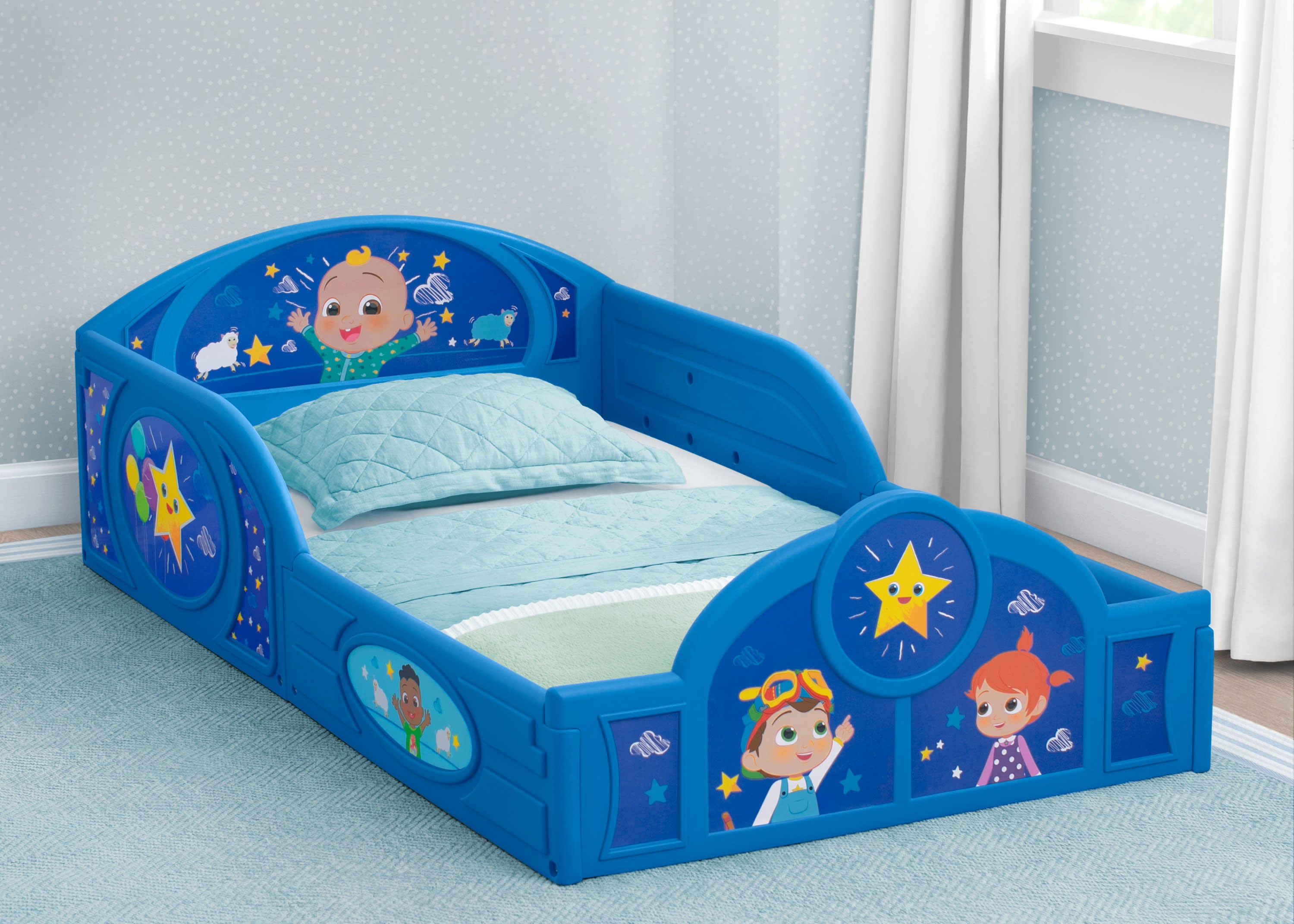 CoComelon Toddler Bed with Built-In Guardrails - Safe & Comfortable Kids Bed for Playtime & Nap Time - Perfect for Daycare, Nursery, or Bedroom