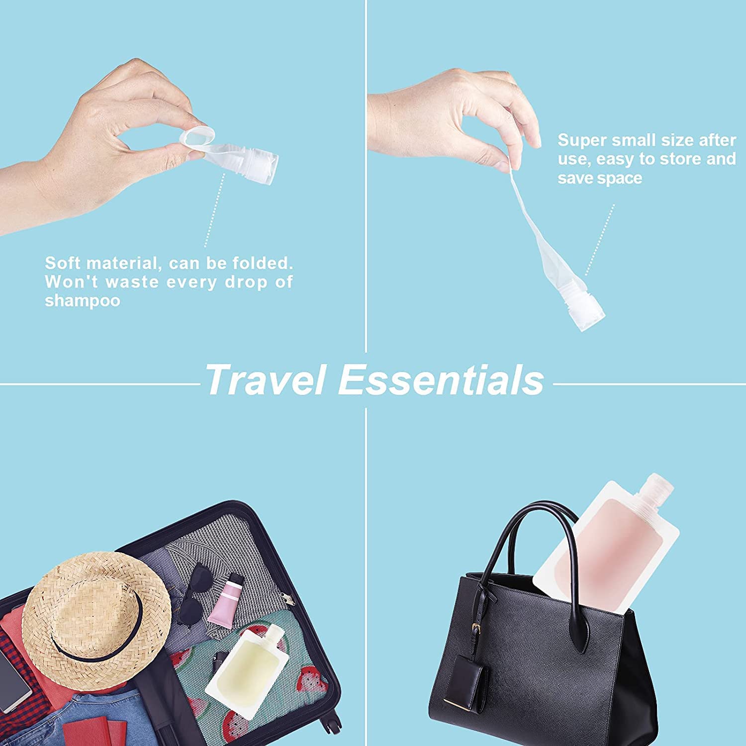 SANPEXA 30ml/50ml/100ml Leakproof Travel Cosmetic Bottles - Refillable Squeeze Pouches for Shampoo, Lotion & Toiletries | Foldable Stand-Up Spout Bags | Perfect for Air Travel, Gym & Camping Essentials