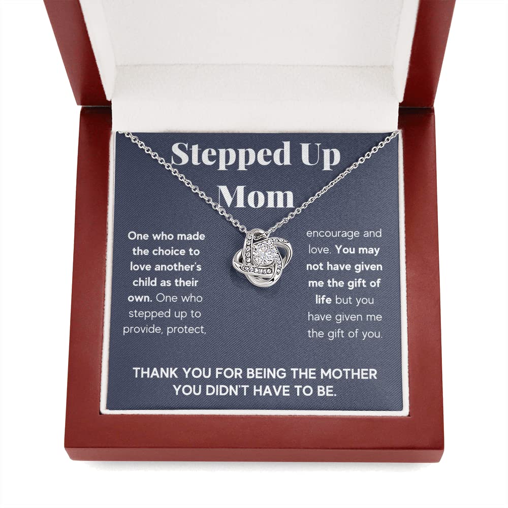 Stepmom Necklace Gift - 'Stepped Up Mom' Pendant Jewelry with Message Card & Mahogany Gift Box - Perfect for Mother's Day, Birthday, or Thank You Gift from Stepdaughter or Stepson - Bonus Mom Gift for Special Occasions