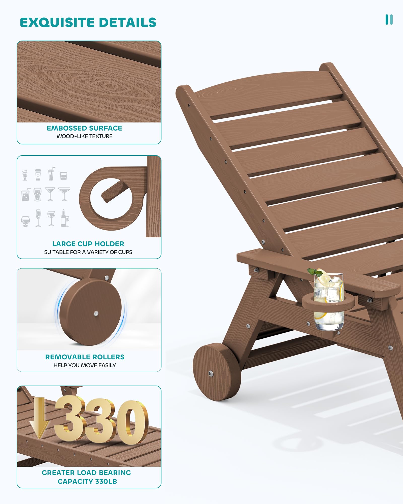 SERWALL 2-Piece Adjustable Patio Chaise Lounge Chair Set - 5-Position HDPE Outdoor Lounge Chairs with Rolling Wheels & Cup Holder - Perfect for Poolside, Deck, Garden, and Backyard Relaxation - Brown