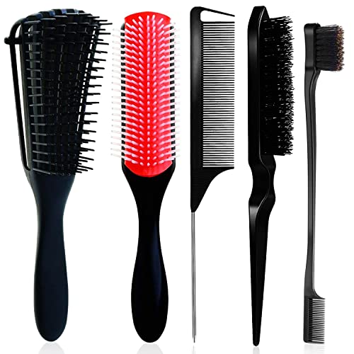 5 Pcs Detangling Brush Set - Cushion Nylon Bristle Shampoo Brush, Dual Edge Brush & Teasing Styling Comb for Smooth Hair Care (Black-1) - Perfect for Salon, Home Use & Travel Hair Styling