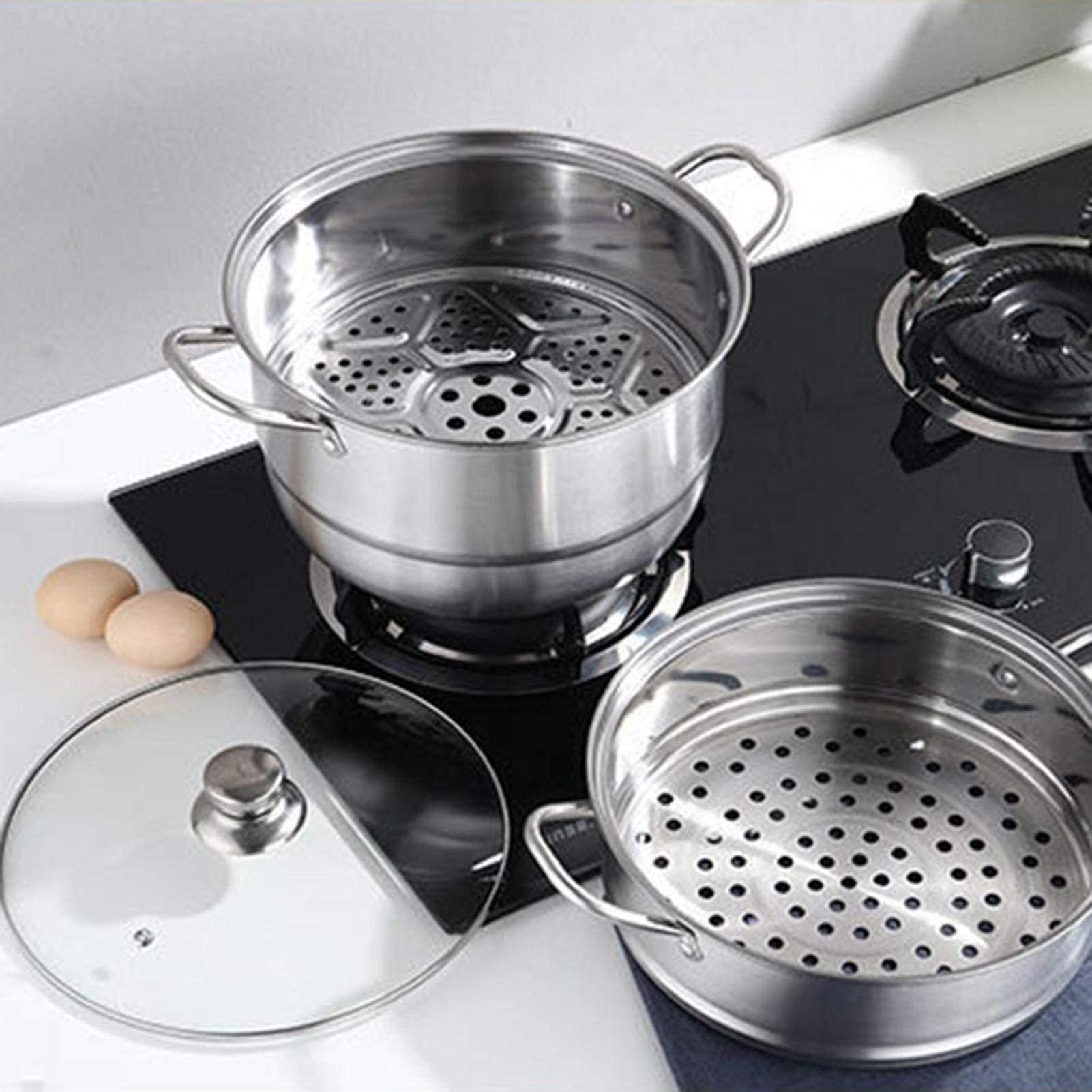 2 Tier Stainless Steel Steamer Pan with Glass Lid - 26cm/28cm/30cm Dual Layer Cookware for Vegetables, Dumplings & Seafood - Perfect for Home Cooking, Restaurants & Meal Prep