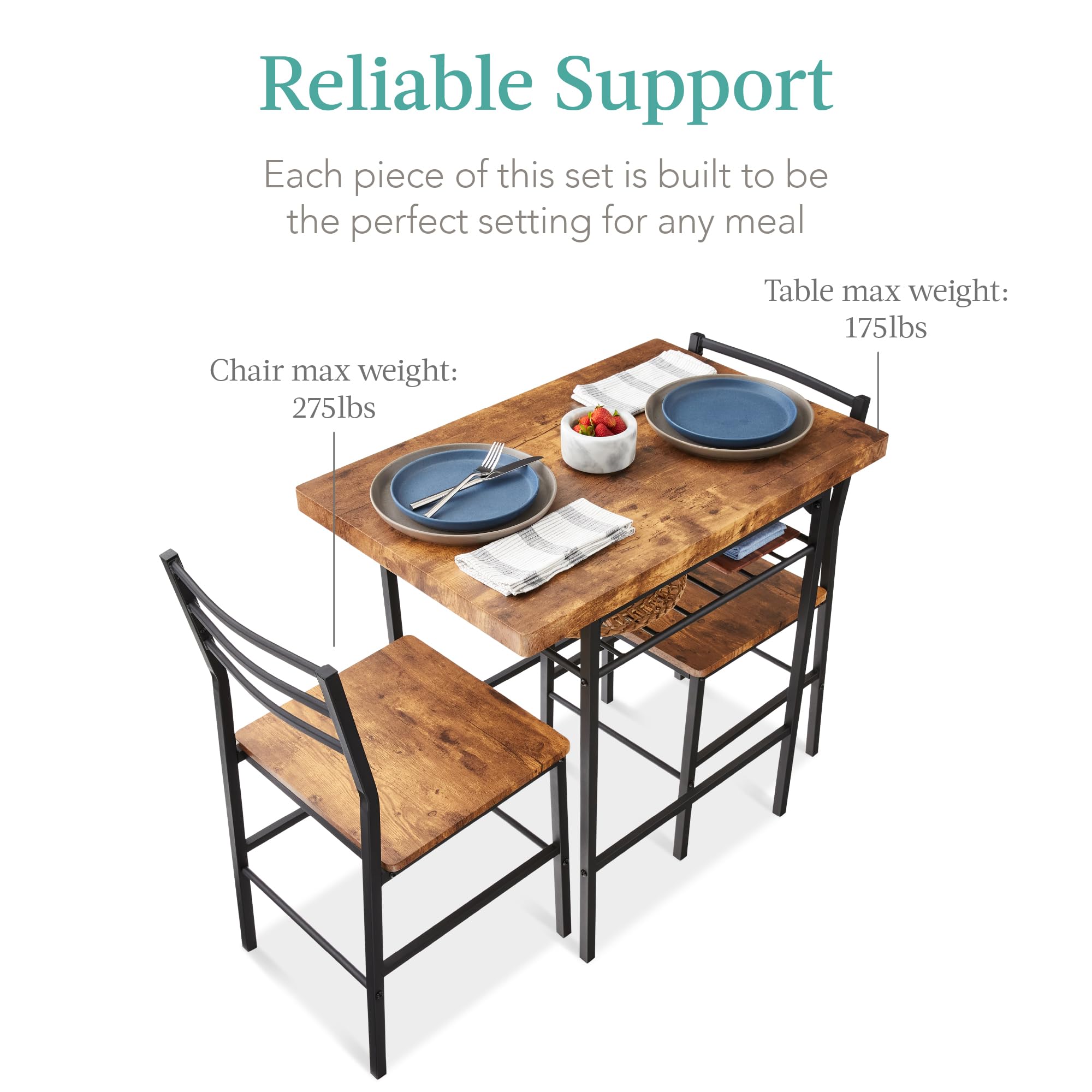 Best Choice Products 3-Piece Modern Dining Set with Steel Frame & Built-in Storage - Space Saving Kitchen Dinette for Small Apartments, Breakfast Nooks & Compact Dining Rooms (Brown) - Perfect for Studio Living, Tiny Homes & Cozy Dining Spaces