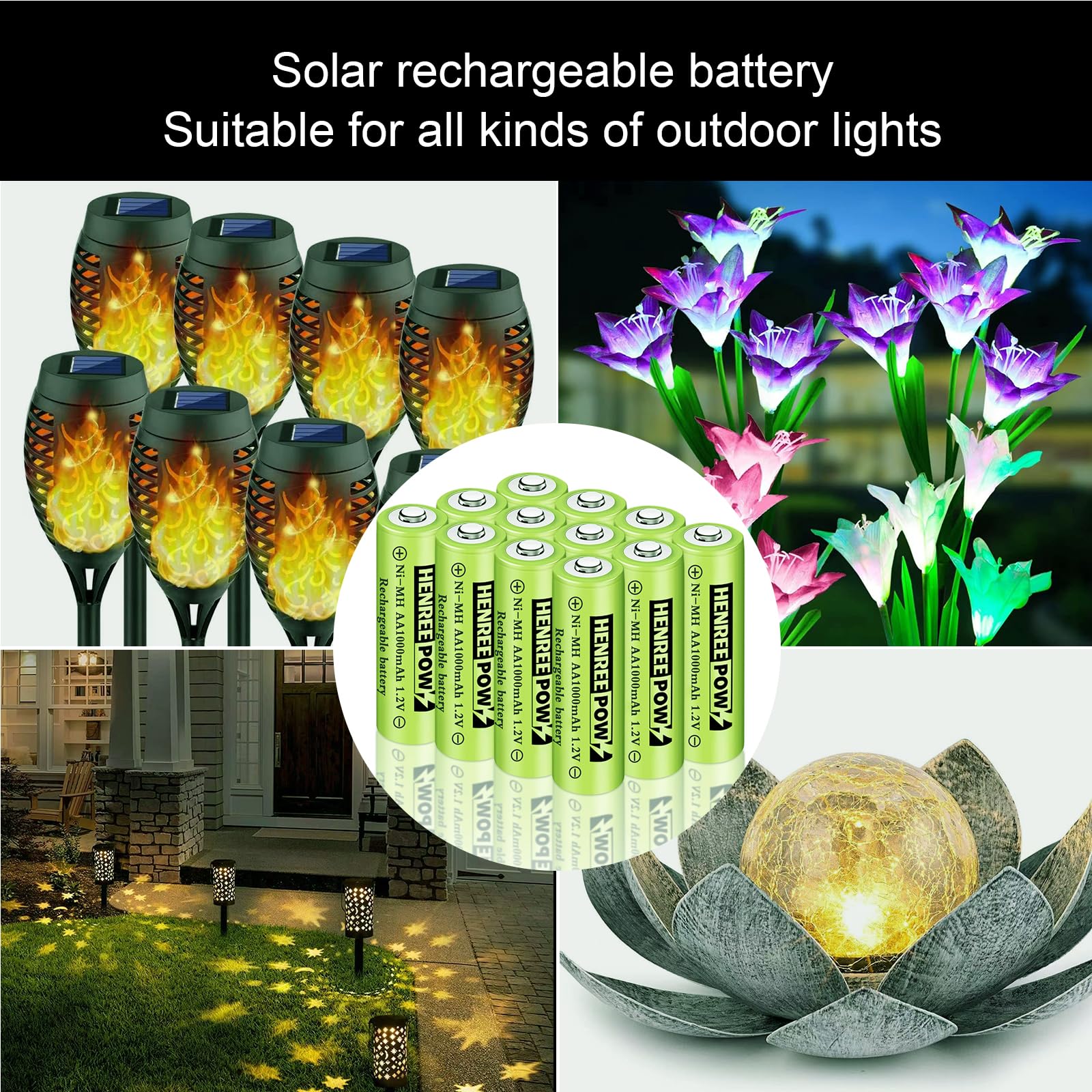 Rechargeable AA Batteries 12-Pack - 1000mAh Ni-MH Double A Solar Batteries 1.2V Pre-Charged for Outdoor Solar Lights, String Lights, Pathway Lights - Perfect for Garden, Patio, and Landscape Lighting