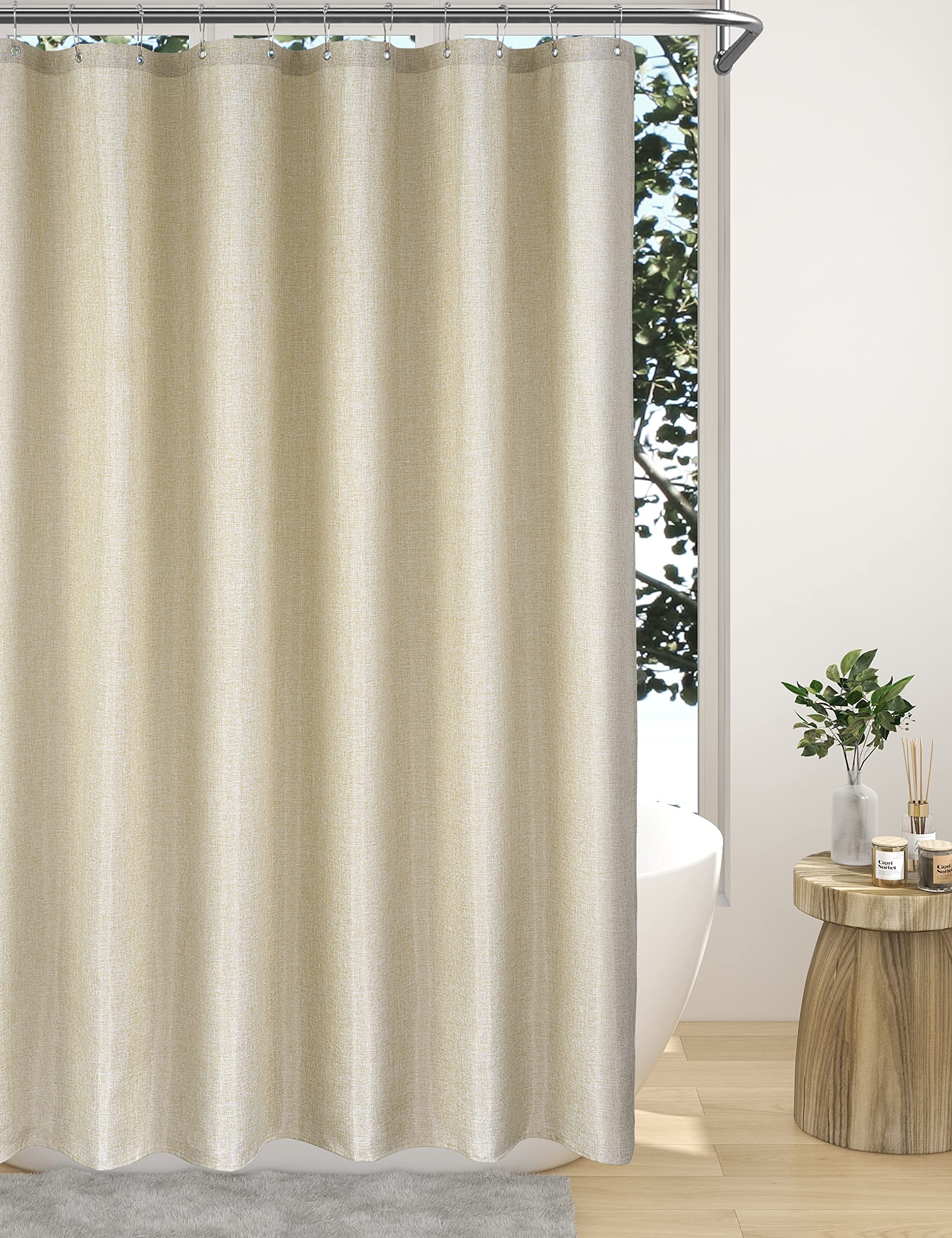 Premium Beige Linen Shower Curtain - Farmhouse Rustic Bathroom Decor, Heavy Duty Textured Fabric, 72x72 Inch with Hooks, Washable & Durable for Hotel & Home Use - Perfect for Neutral Bathroom Themes & Spa-Like Retreats