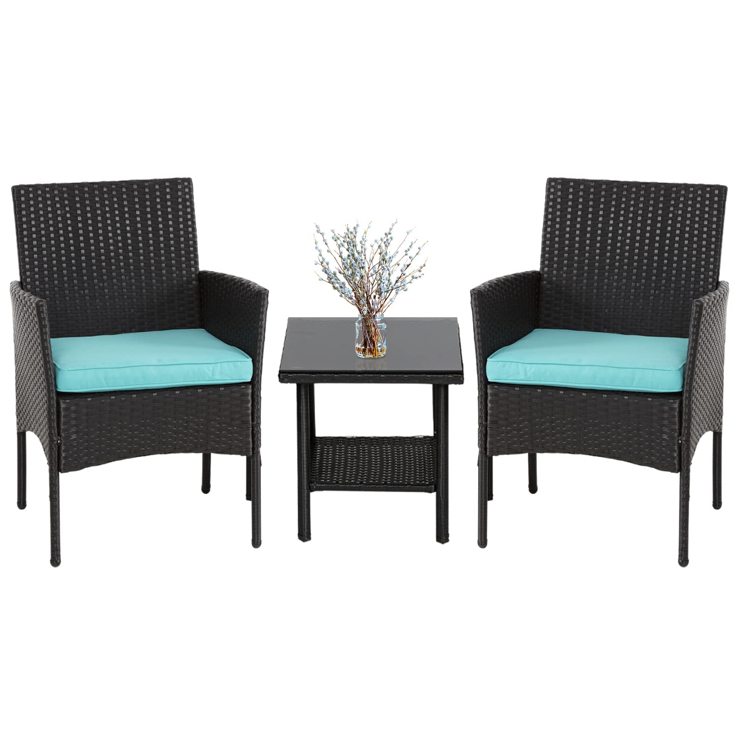 FDW 3-Piece Outdoor Patio Furniture Set - Wicker Rattan Bistro Chairs with Blue Cushions & Glass Coffee Table - Perfect for Garden, Balcony, Backyard, Porch & Poolside Relaxation