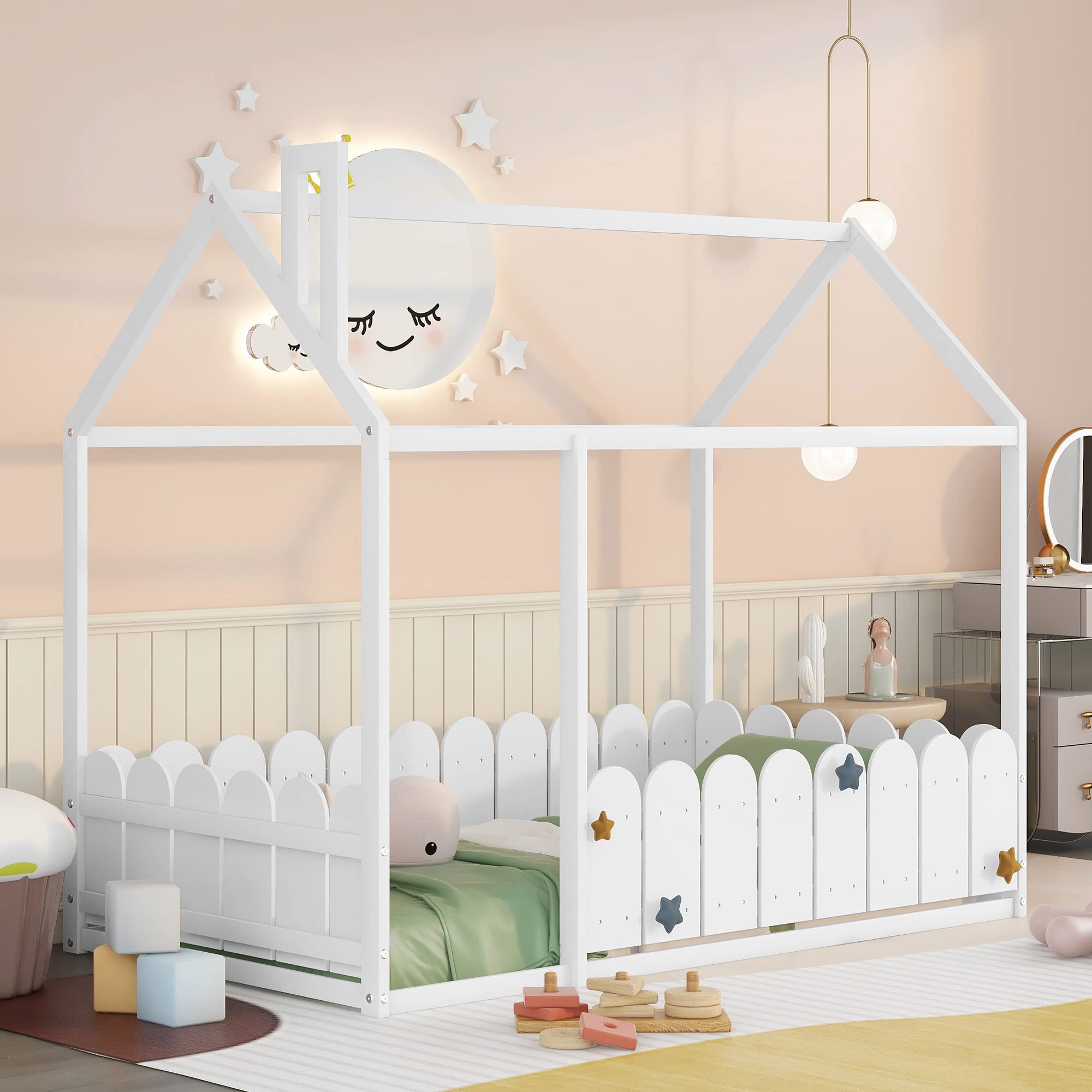 Montessori Twin Floor Bed Frame for Kids - Wooden Toddler Bed with Fence-Shaped Safety Rails - White Twin Size for Boys & Girls - Perfect for Montessori Bedrooms, Daycare Centers & Safe Toddler Sleep Spaces
