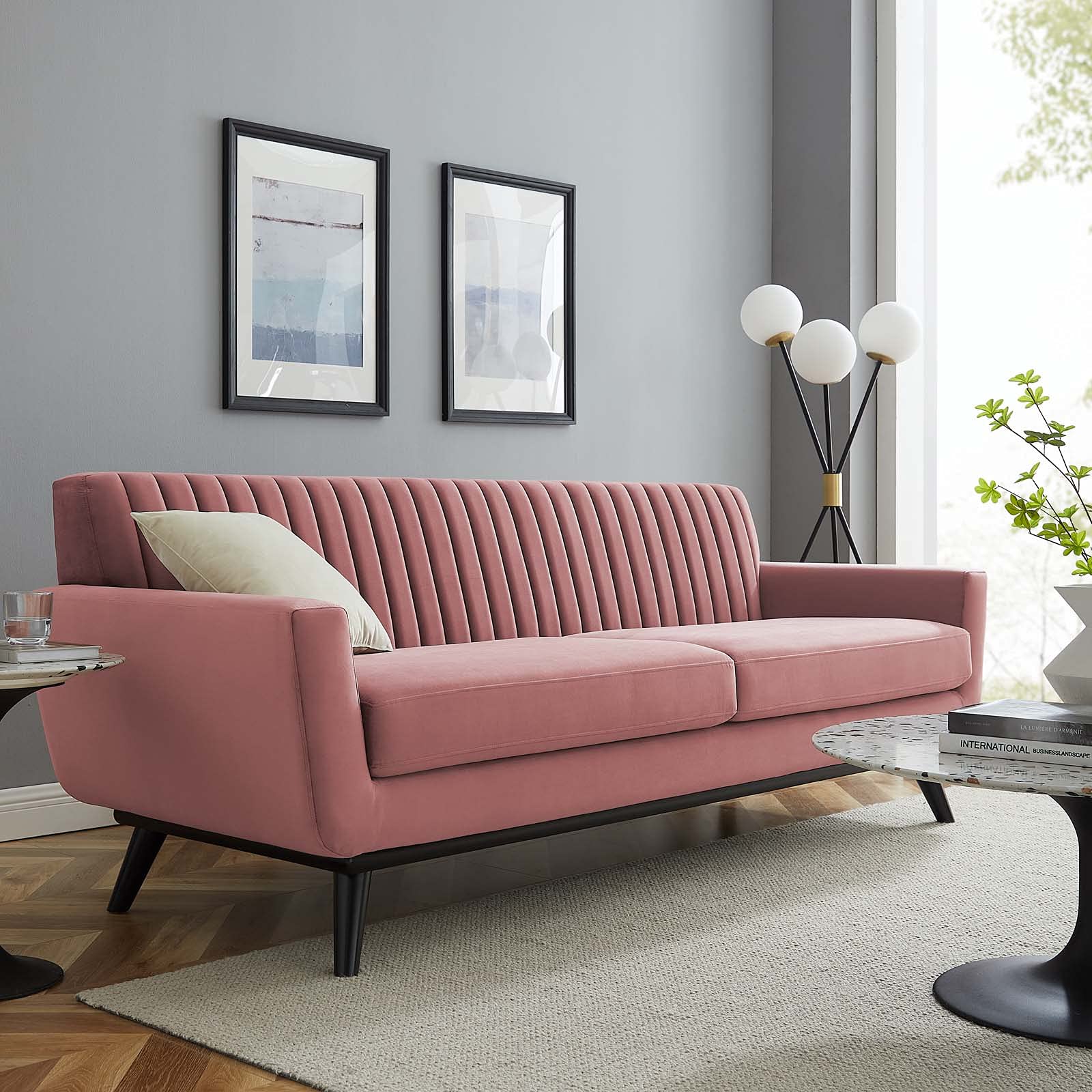 Modway Engage Channel Tufted Performance Velvet Sofa in Dusty Rose - Luxurious Mid-Century Modern Living Room Furniture for Small Spaces & Apartments