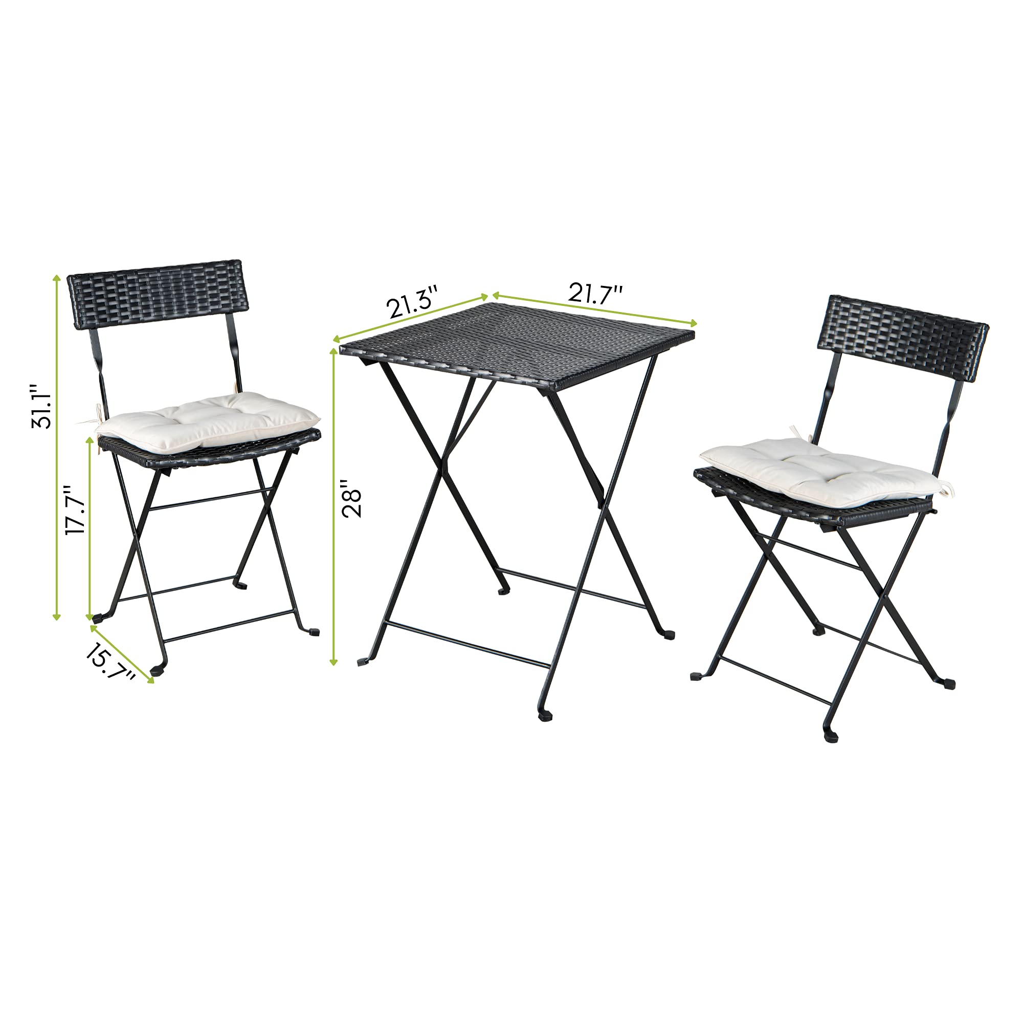 Black PE Wicker Outdoor Bistro Set - Folding Patio Table with 2 Chairs & Beige Cushions - Perfect for Garden, Balcony or Poolside Dining