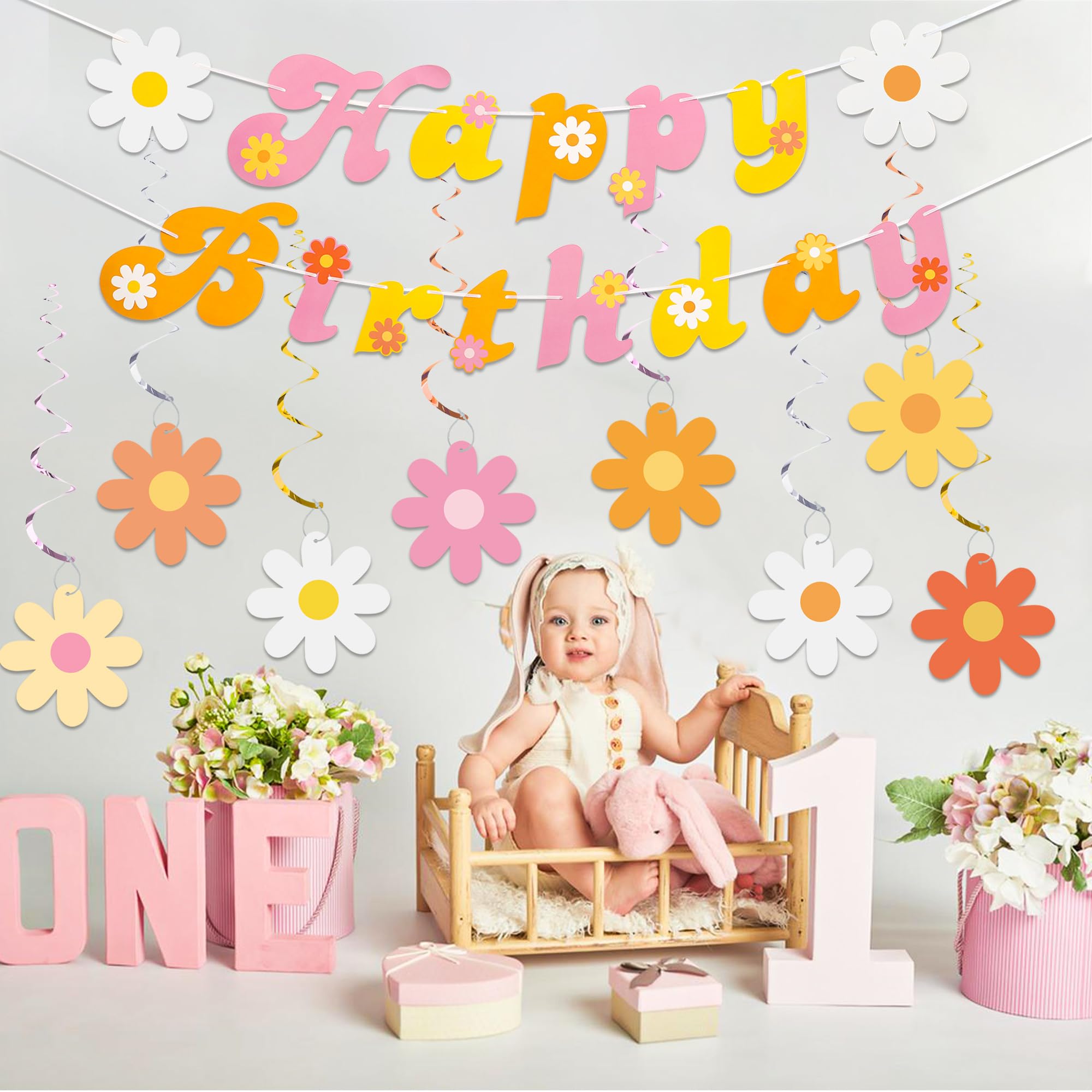 26 PCS Boho Happy Birthday Party Decorations - Retro Daisy Flower Hanging Swirls & Ceiling Streamers for Hippie Themed Parties, Baby Showers, Wedding Decor & Home Celebration