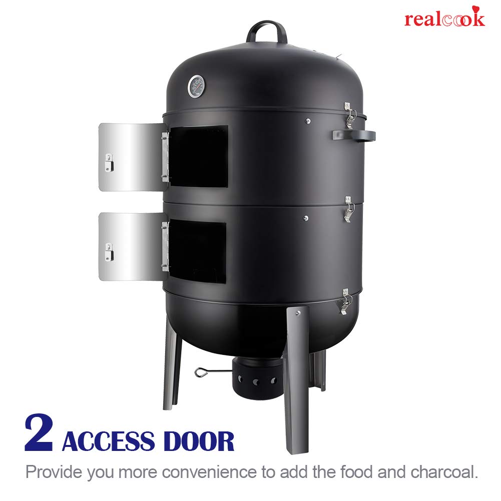 Realcook 20 Inch Charcoal BBQ Smoker Grill - Vertical Outdoor Smoker for Backyard, Camping & Tailgating - Perfect for Smoking Ribs, Chicken & Brisket