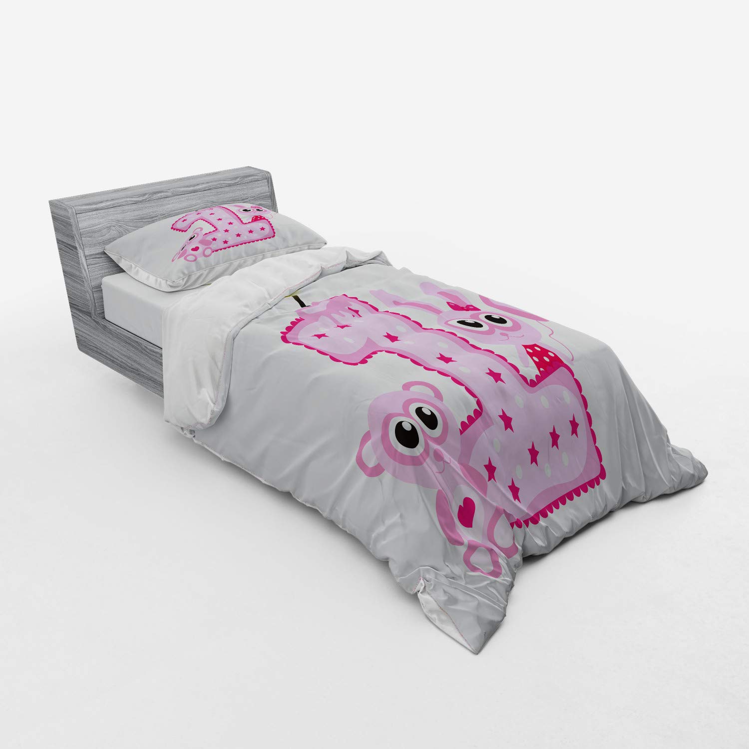 Ambesonne 1st Birthday Bedding Set for Girls - Cute Bunny & Bear Animals Print, 3-Piece Twin Size Duvet Cover with Sham & Fitted Sheet in Hot Pink & Lilac - Perfect for Baby Showers, Nursery Decor & First Birthday Party Themes