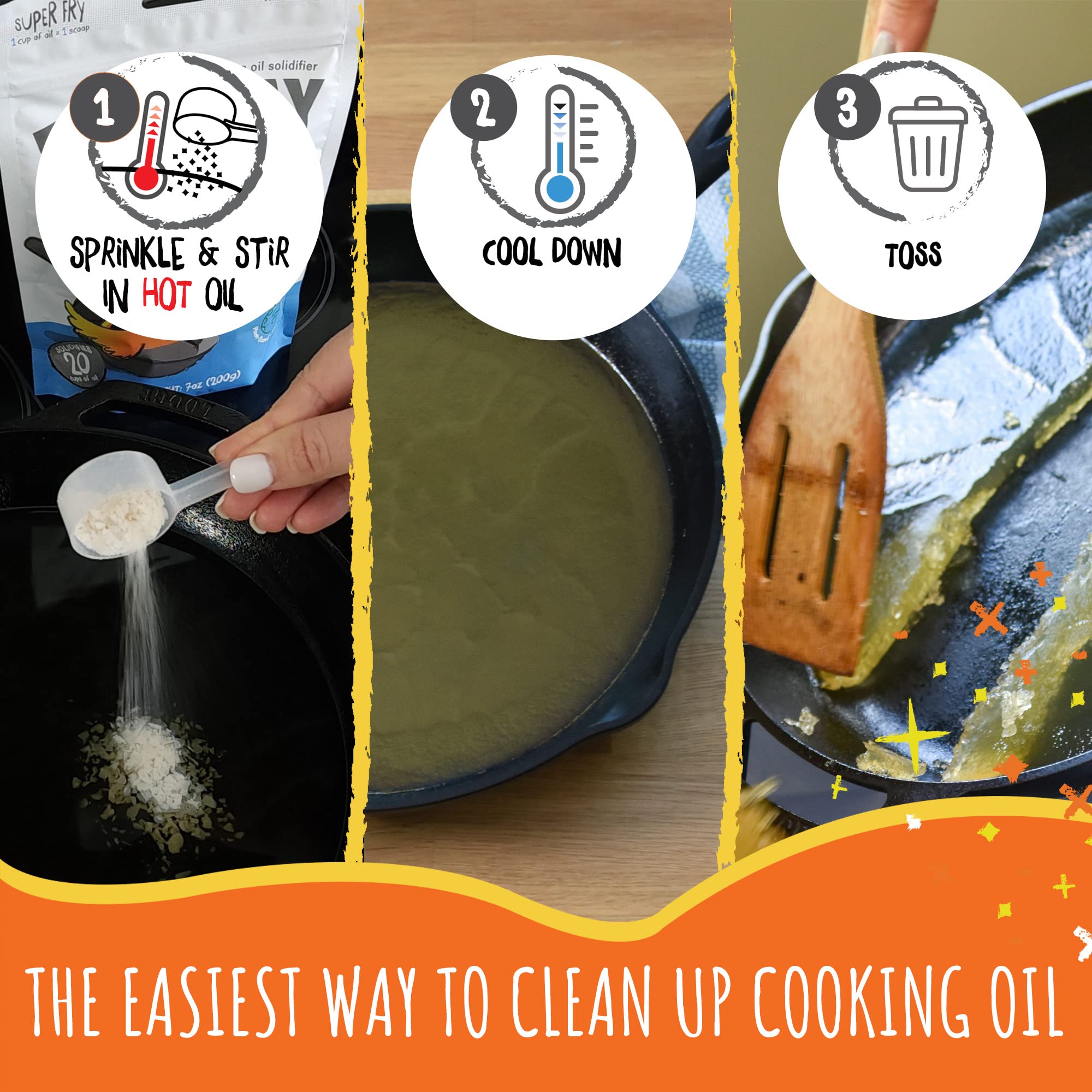 FryAway Super Fry Cooking Oil Solidifier - Plant-Based Powder, 3-Pack (Solidifies 4.5 Gallons) - Easy Mess-Free Oil Cleanup & Disposal - Made in USA - Perfect for Deep Frying, Restaurant Use & Home Kitchen Waste Management