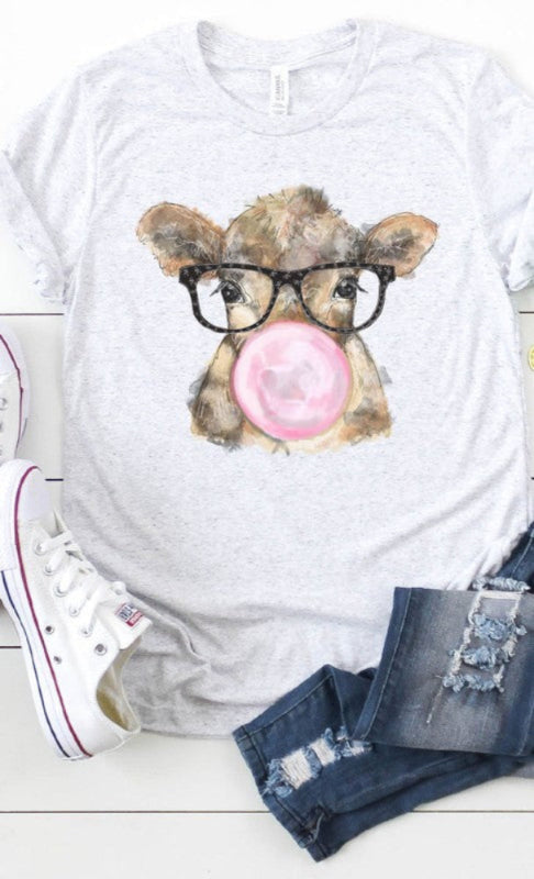 CURZY SIZE Bubble Gum Cow with Glasses Graphic Soft Cotton T-Shirt | Made in USA | Casual Wear, Funny Outfit for Teens & Adults