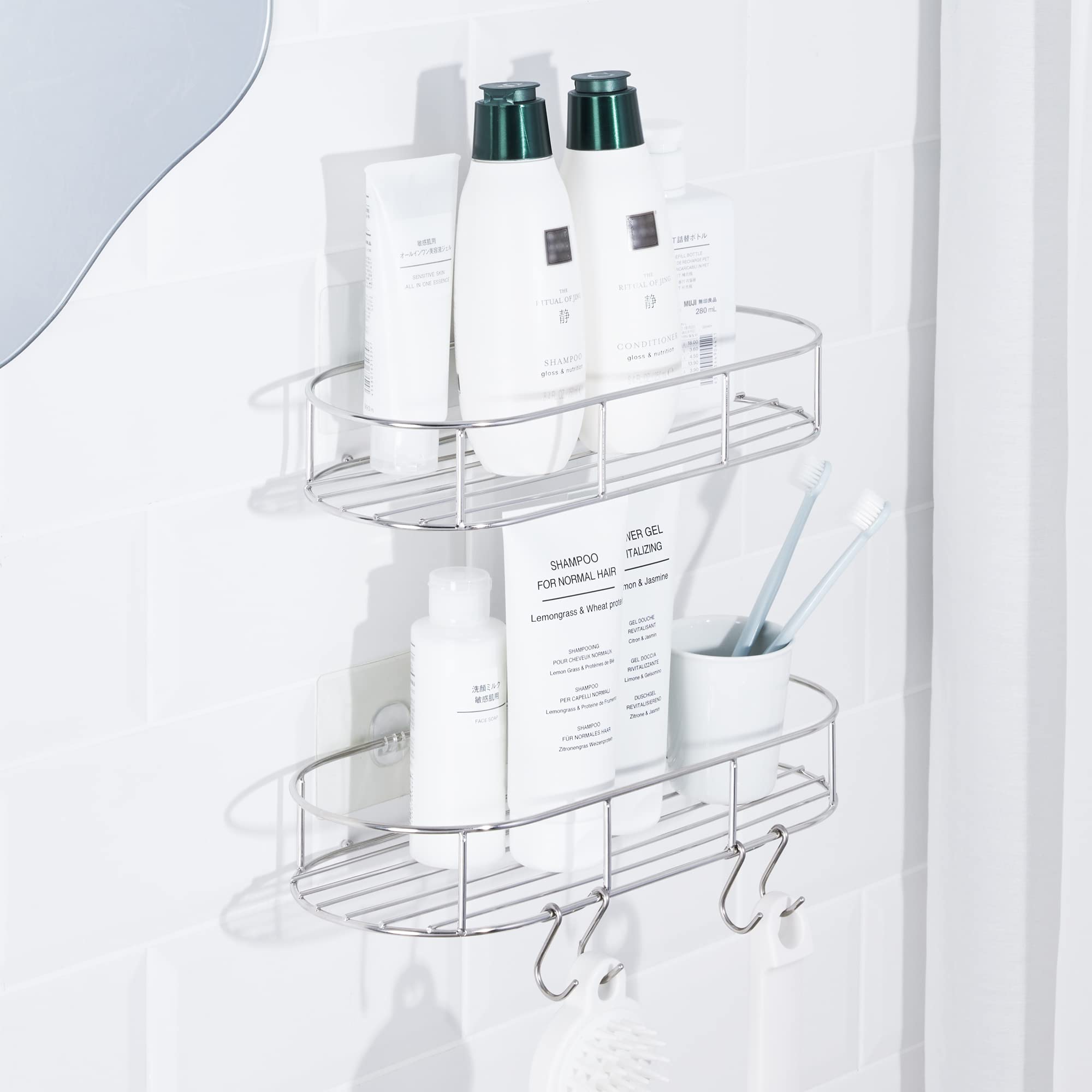 KINCMAX Self Adhesive Round Shower Caddy - 2 Pack Stainless Steel Wall Mount Organizer with 2 S Hooks - No Drill Bathroom Shelf for Shampoo, Soap & Accessories - Space Saving Column Design - Silver - Perfect for Small Bathrooms & Apartments
