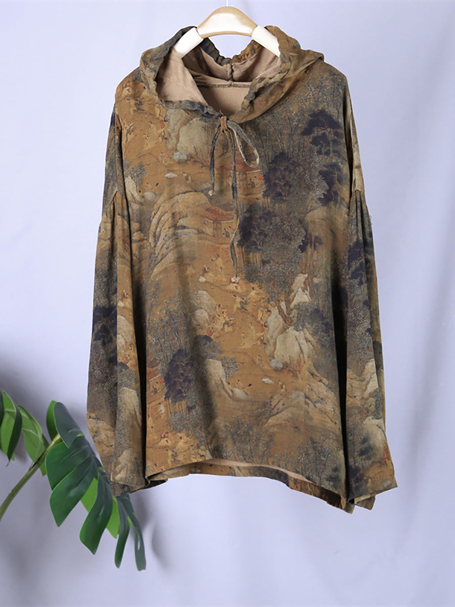 Plus Size Women's Vintage Print Spring Hooded Sweatshirt - Cozy Oversized Pullover for Casual Wear, Street Style & Layering