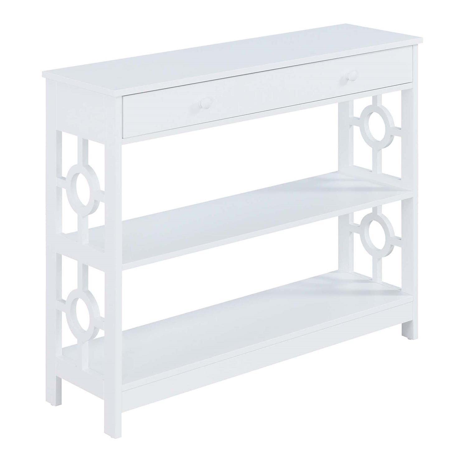 Convenience Concepts Ring 1 Drawer Console Table with Shelves - White Entryway Sofa Table for Hallway, Living Room & Bedroom Organization