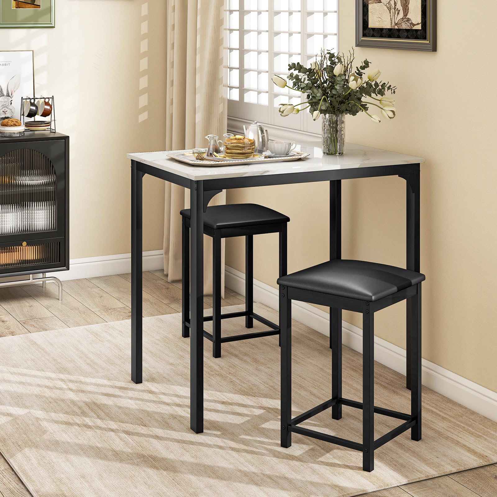 Giantex 3-Piece Modern Dining Set with Faux Marble Tabletop & 2 Chairs - White & Black Contemporary Kitchen Table for Home, Hotel, Restaurant, Bar or Office Dining Area | Perfect for Small Spaces, Breakfast Nooks & Entertaining Guests