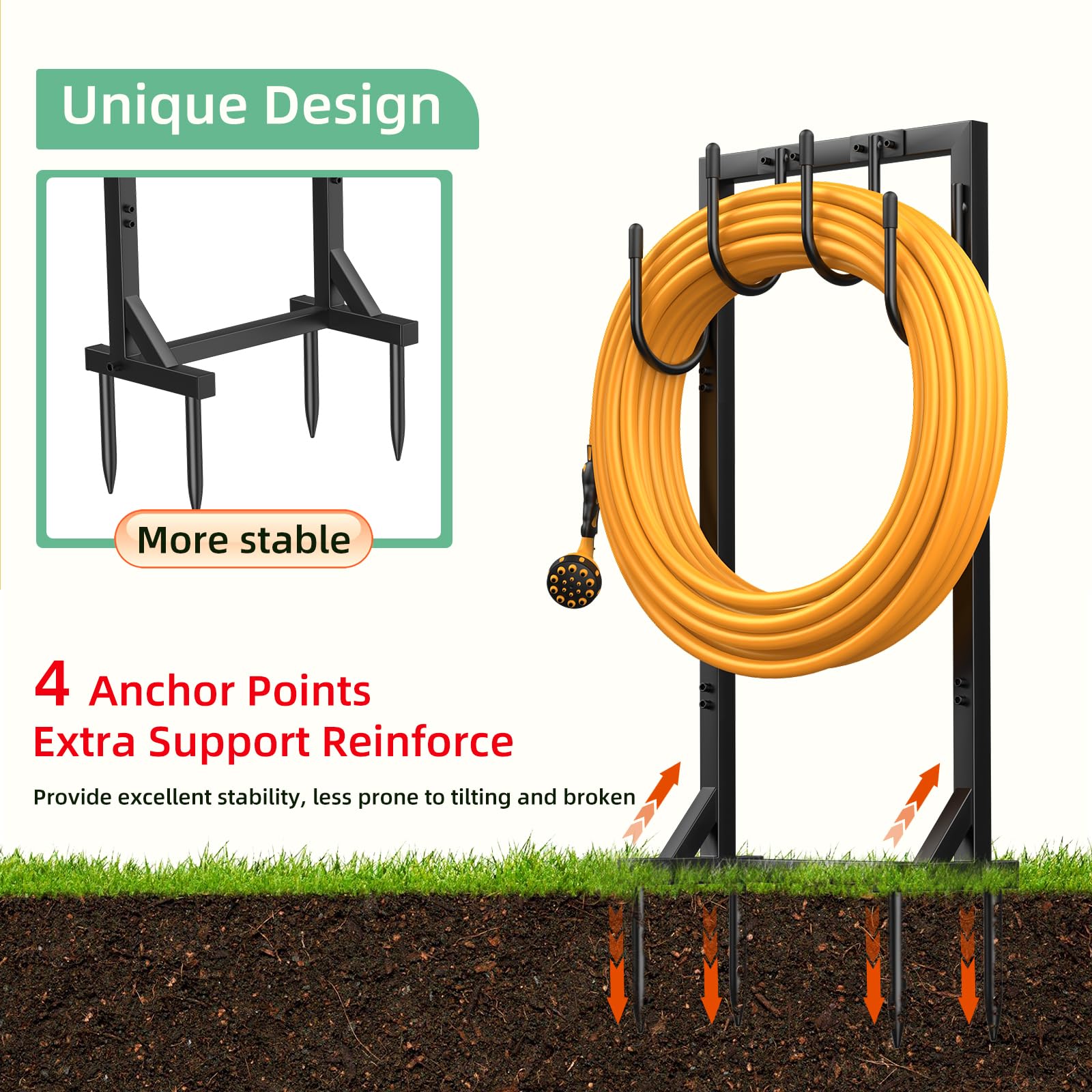 Upgraded Heavy Duty Metal Garden Hose Reel Holder - Freestanding 150ft Hose Storage with 4 Large Hooks, Detachable Outdoor Water Hose Organizer - Perfect for Yard, Lawn, Garden Watering and Outdoor Storage
