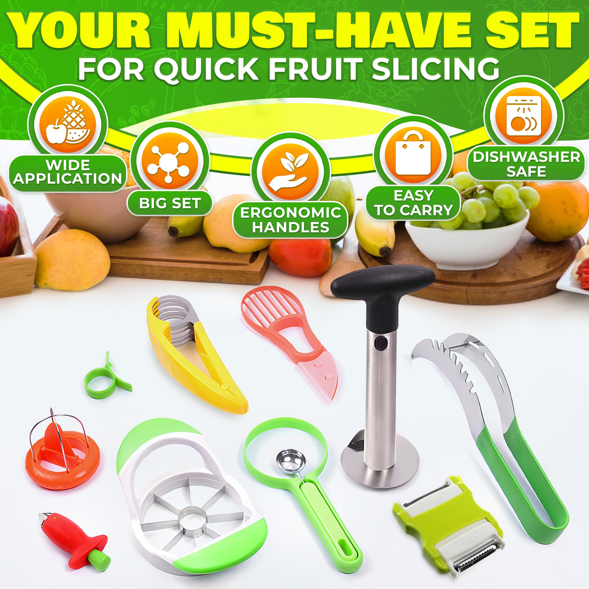 10-Piece Fruit Slicer Set - Pineapple Corer, Kiwi Cutter, Apple Slicer, Cantaloupe Cutter, Strawberry Huller, Watermelon Slicer & Banana Slicer - Perfect for Fruit Salads, Smoothies & Party Platters