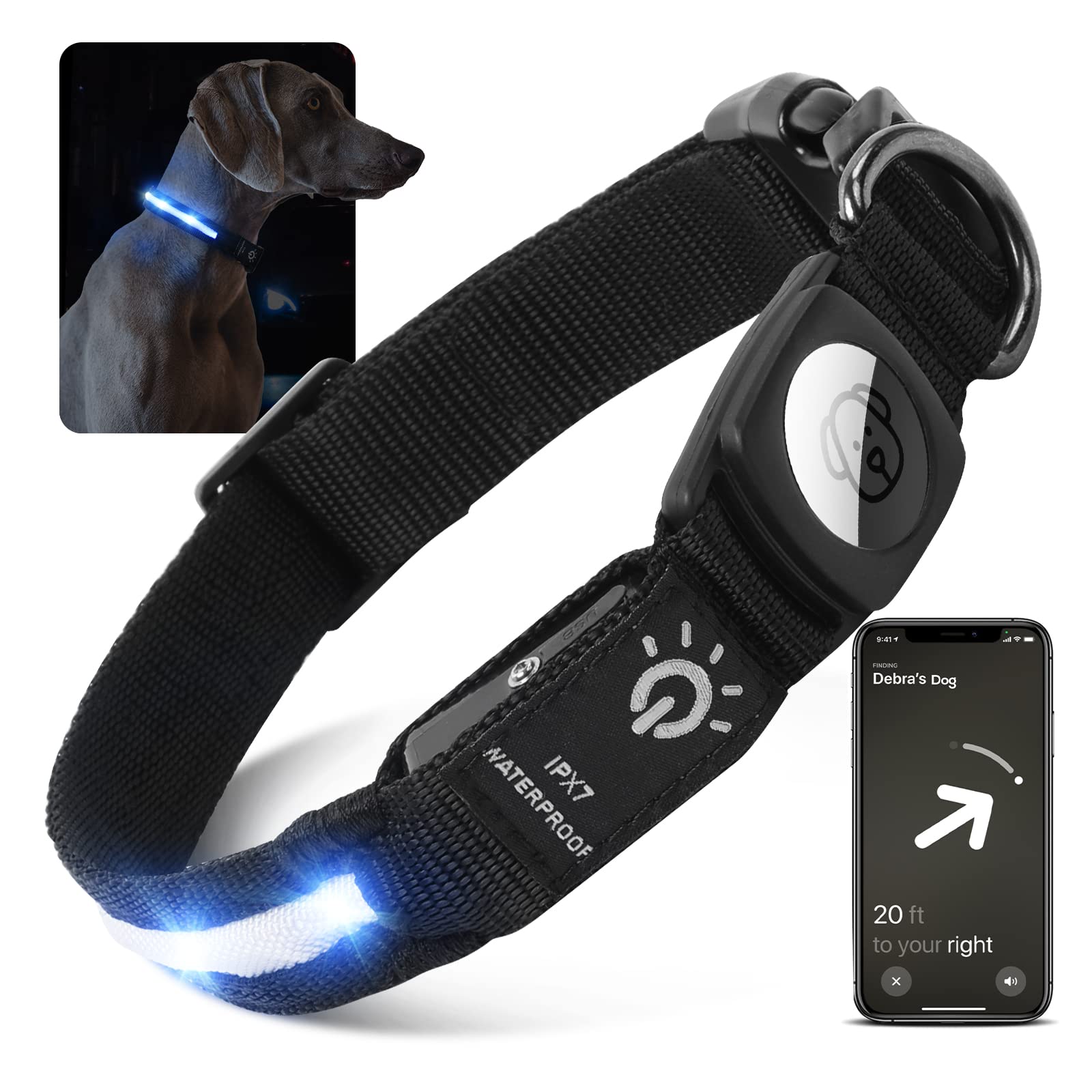 LED AirTag Dog Collar with Light - IPX7 Waterproof Rechargeable Light Up Collar with Apple AirTag Holder for Small Medium Large Dogs | Perfect for Night Walks, Pet Safety & Tracking