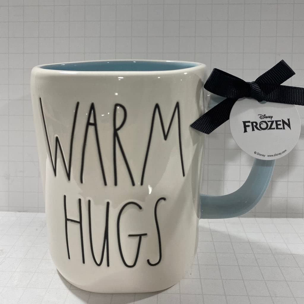 Rae Dunn WARM HUGS Mug - Olaf Collection - Double-Sided Ceramic Coffee Cup with Blue Interior - Dishwasher & Microwave Safe - 16 oz - Perfect for Hot Cocoa, Tea, and Cozy Winter Mornings