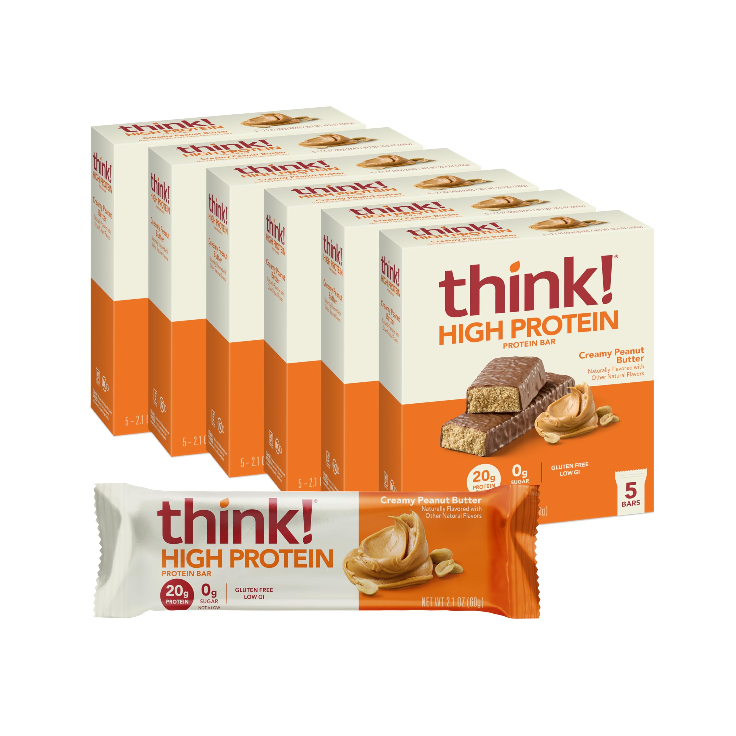 think! Protein Bars - High Protein Snacks, Gluten Free, Kosher Friendly, Creamy Peanut Butter Flavor, 2.1oz per Bar, 30 Count Pack | Perfect for Workout Recovery, Office Snacks & Healthy On-the-Go Nutrition