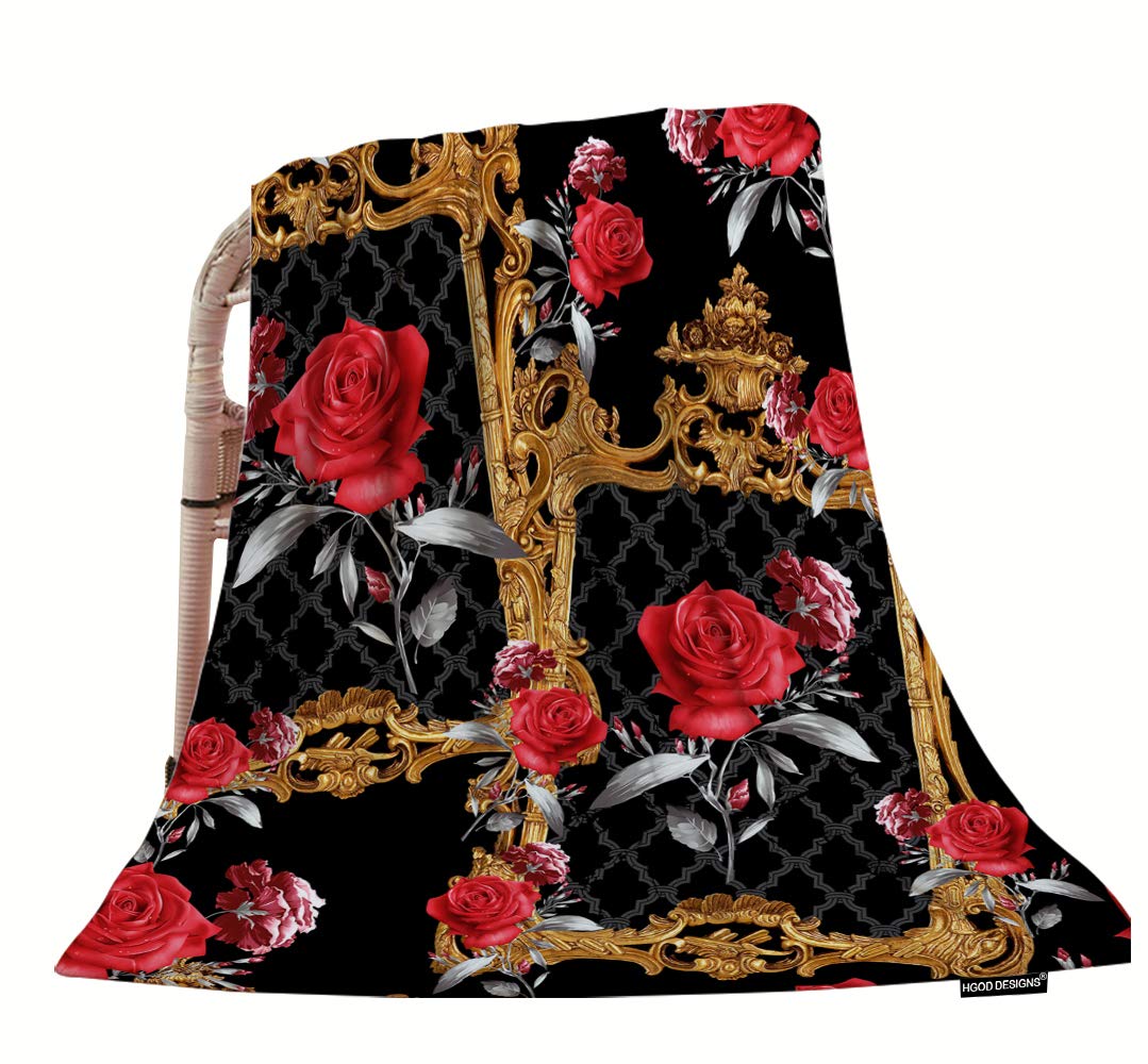 HGOD DESIGNS Red Rose Floral Throw Blanket - Baroque Style Soft Warm Decorative Blanket for Bed, Couch, Sofa & Chair (50x60 Inches) - Perfect for Cozy Nights, Home Decor & Gift Giving