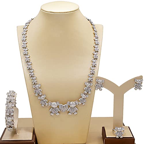 Elegant Wedding Jewelry Set for Women - Gold Plated Teddy Bear Crystal Necklace, Stud Earrings, Charm Bracelet & Ring | Bridal Jewelry, Dubai Style | Perfect for Weddings, Anniversaries & Special Occasions