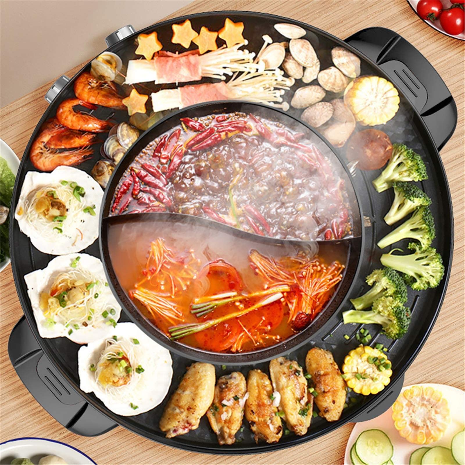 2 in 1 Electric Grill and Hot Pot Set - 2200W Smokeless BBQ Pan & Hot Pot Combo with Dual Temperature Control - Perfect for Indoor/Outdoor Cooking, Family Gatherings & Parties (57.7