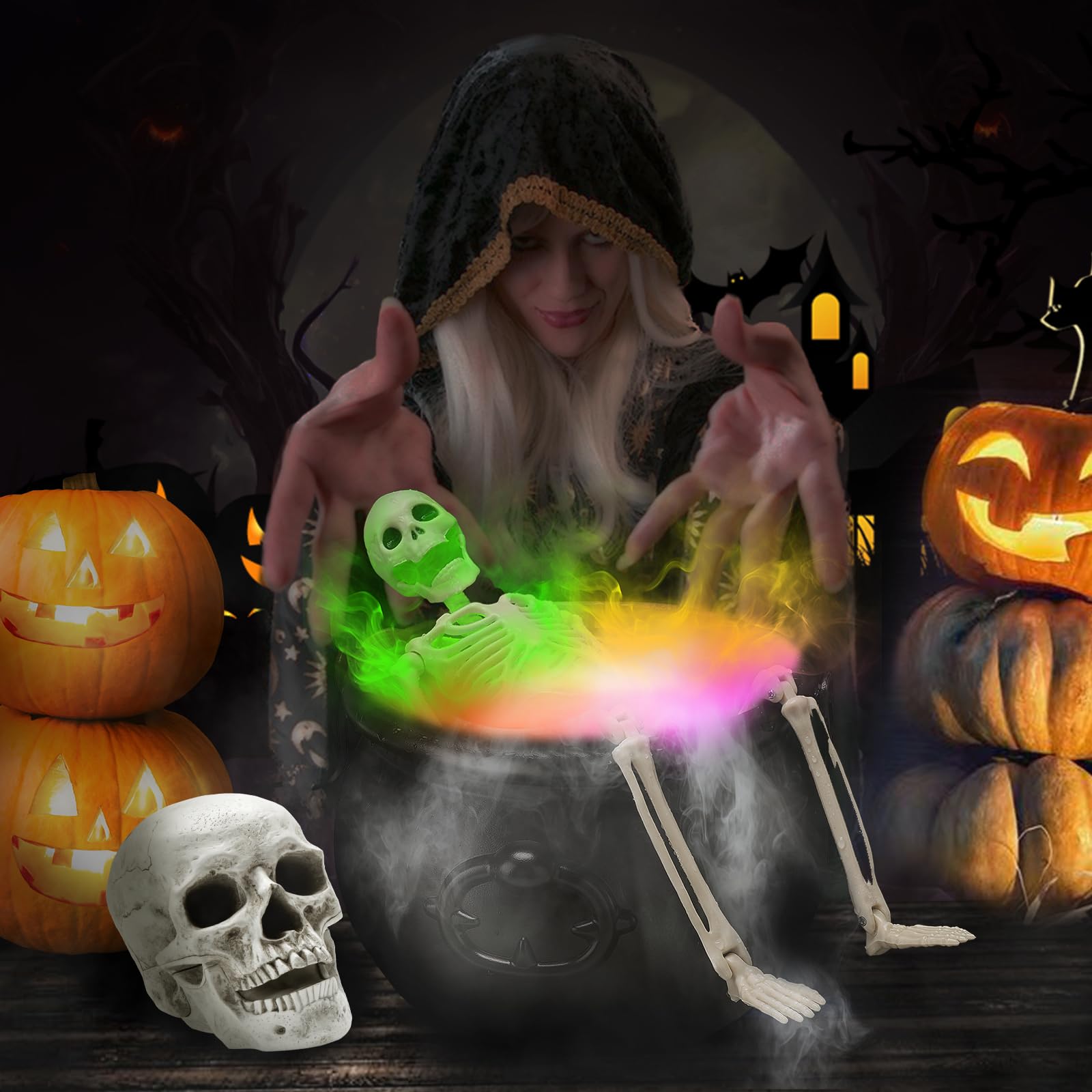 Large Black Plastic Witch Cauldron Diffuser - Halloween Decor with Smoke Effect for Outdoor & Indoor Party Decorations | Perfect for Spooky Halloween, Witch-Themed Parties & Haunted House Displays