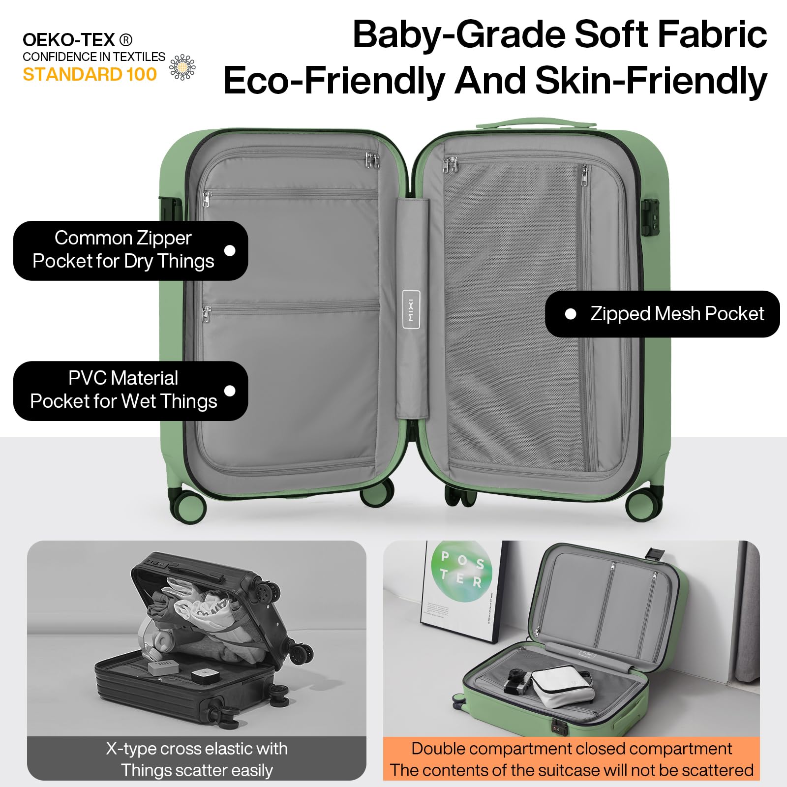 Mixi 20 Inch Hardside PC Suitcase with Spinner Wheels & TSA Lock - Lightweight Carry On Luggage for Travel (Avocado Green) - Perfect for Business Trips, Weekend Getaways & Airplane Overhead Bin Storage