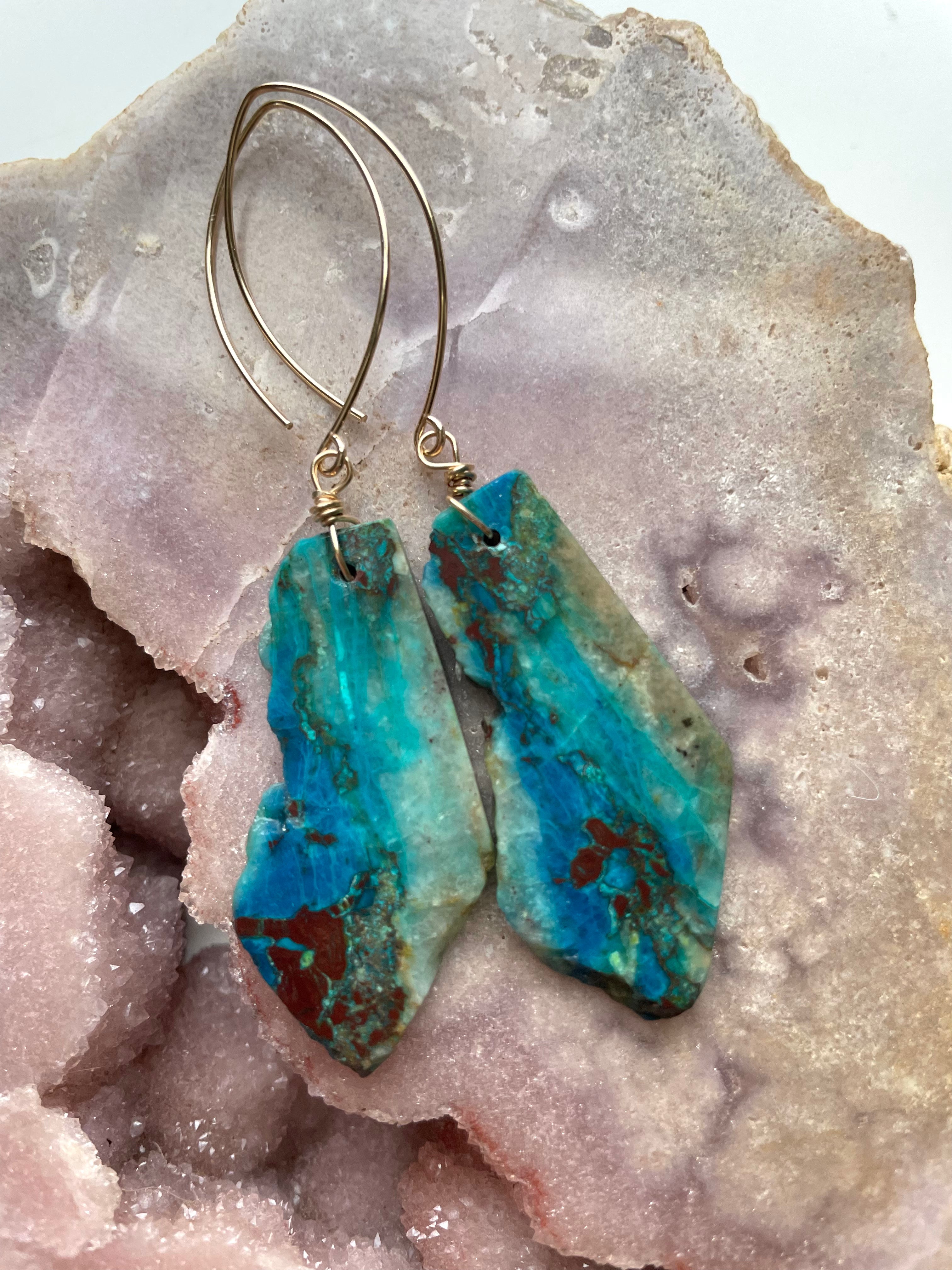 Chrysocolla Gold Filled Statement Crystal Gemstone Earrings for Women | Elegant Bohemian Jewelry | Perfect for Parties, Weddings & Special Occasions