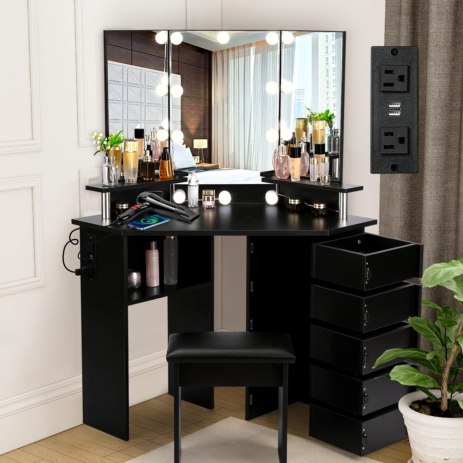 VOWNER Lighted Makeup Vanity Desk with Power Outlet - Adjustable 3-Color LED Mirror & 5 Rotating Drawers, Vanity Table with Stool & Shelves for Bedroom (Black) - Perfect for Beauty Routines & Small Space Organization