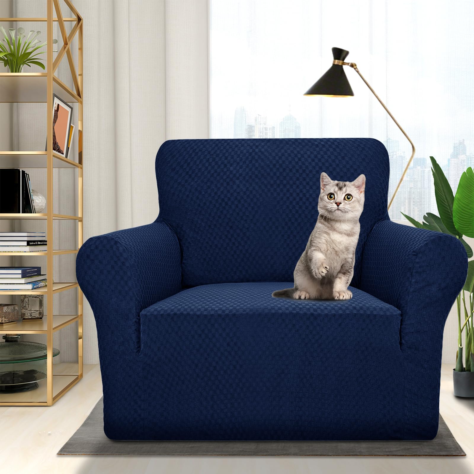 ZNSAYOTX Jacquard Stretch Slipcover for Living Room Chairs - Anti-Slip, Pet-Friendly Sofa Cover with Arms, Navy Blue Furniture Protector for Armchairs & Couches | Perfect for Home Decor, Pet Owners & Furniture Protection