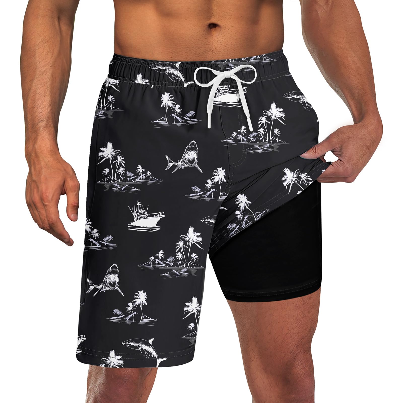 Goodstoworld Men's Funny Swim Trunks with Compression Liner - 2-in-1 Quick Dry 9 Inch Stretch Swim Shorts with 3 Pockets for Beach, Pool & Water Sports