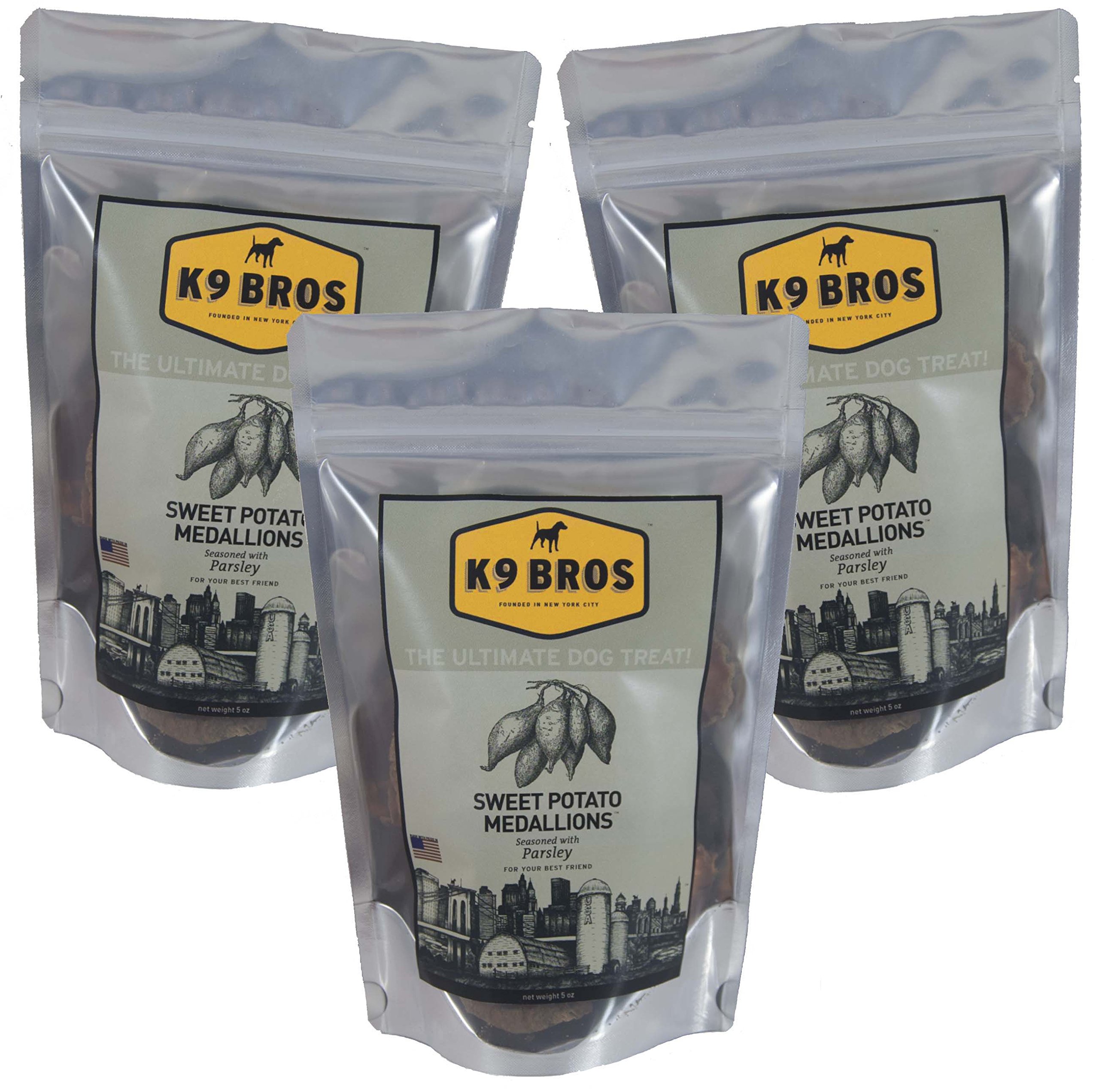 Natural Sweet Potato Dog Chews - Healthy Parsley Seasoned Medallions for Teeth Cleaning & Fresh Breath, Small Batch (3 Pack) - Perfect for Puppies & Small Dogs, Great for Training & Dental Care