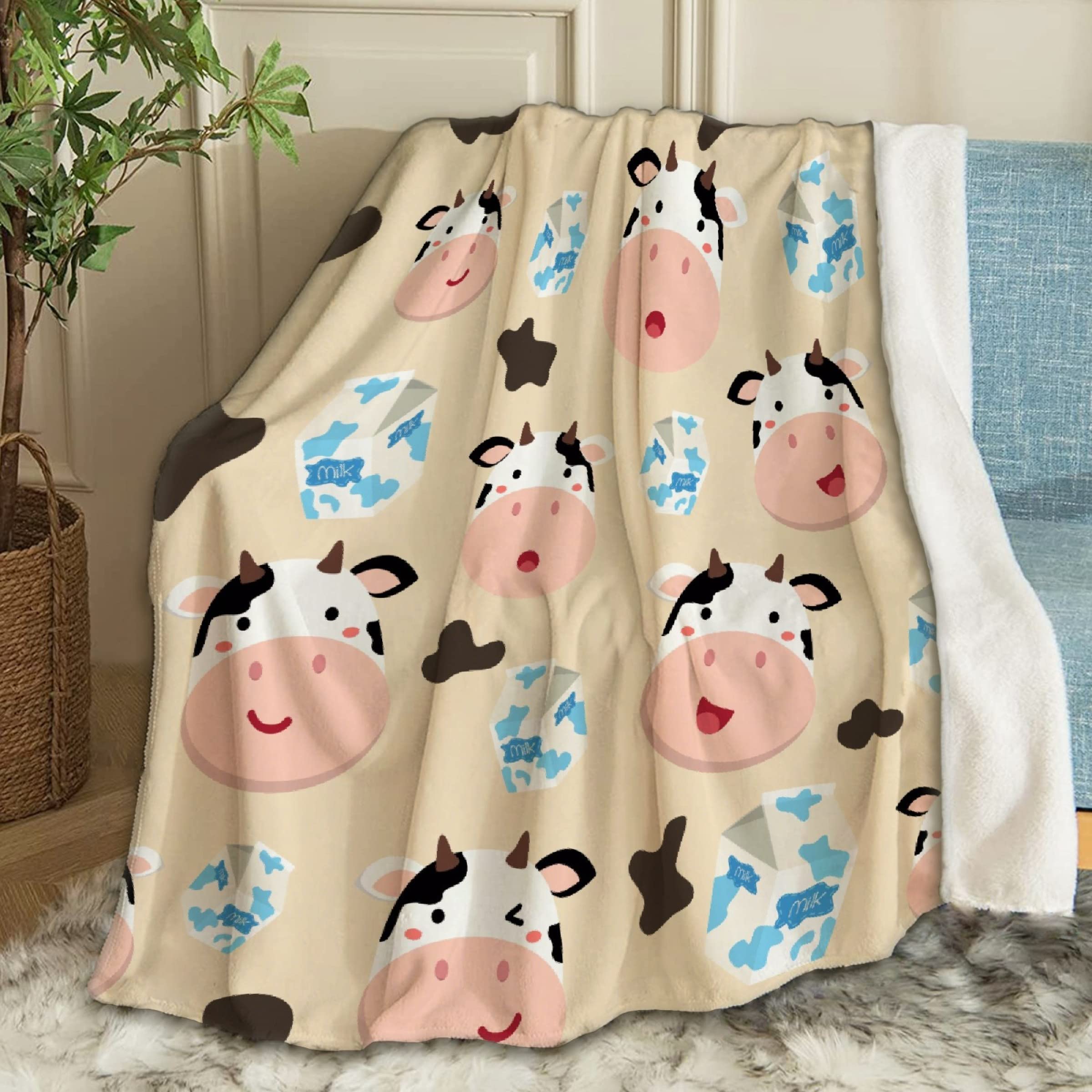 ANIMEBLANKET Super Soft Cute Cow & Milk Carton Fleece Throw Blanket - 120x90 Inch Large Cozy Blanket for Boys, Girls, Adults - Perfect for Bed, Couch, Sofa, Chair & Family Movie Nights