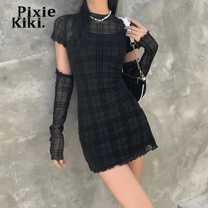 Black Mesh Plaid Dress 3-Piece Set | Dark Academia Mall Goth Bodycon Mini Dress | Egirl Style Outfit for Women | Perfect for Halloween, Cosplay & Nightclub Outfits