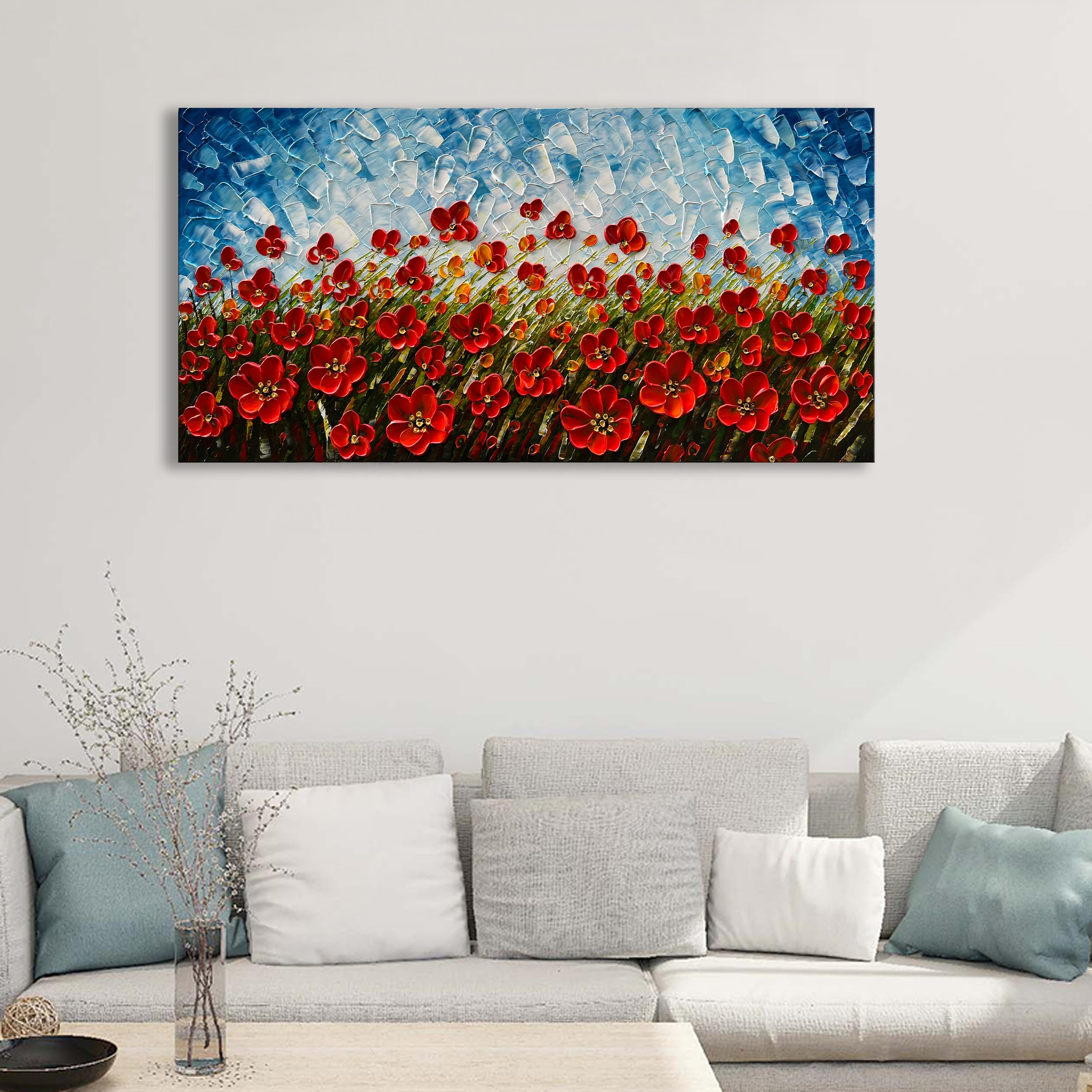 24x48 Inches Hand-Painted Red Flower Oil Painting - Contemporary Canvas Wall Art for Living Room, Bedroom & Dining Room Decor - Perfect for Home Interior Design & Gift Giving